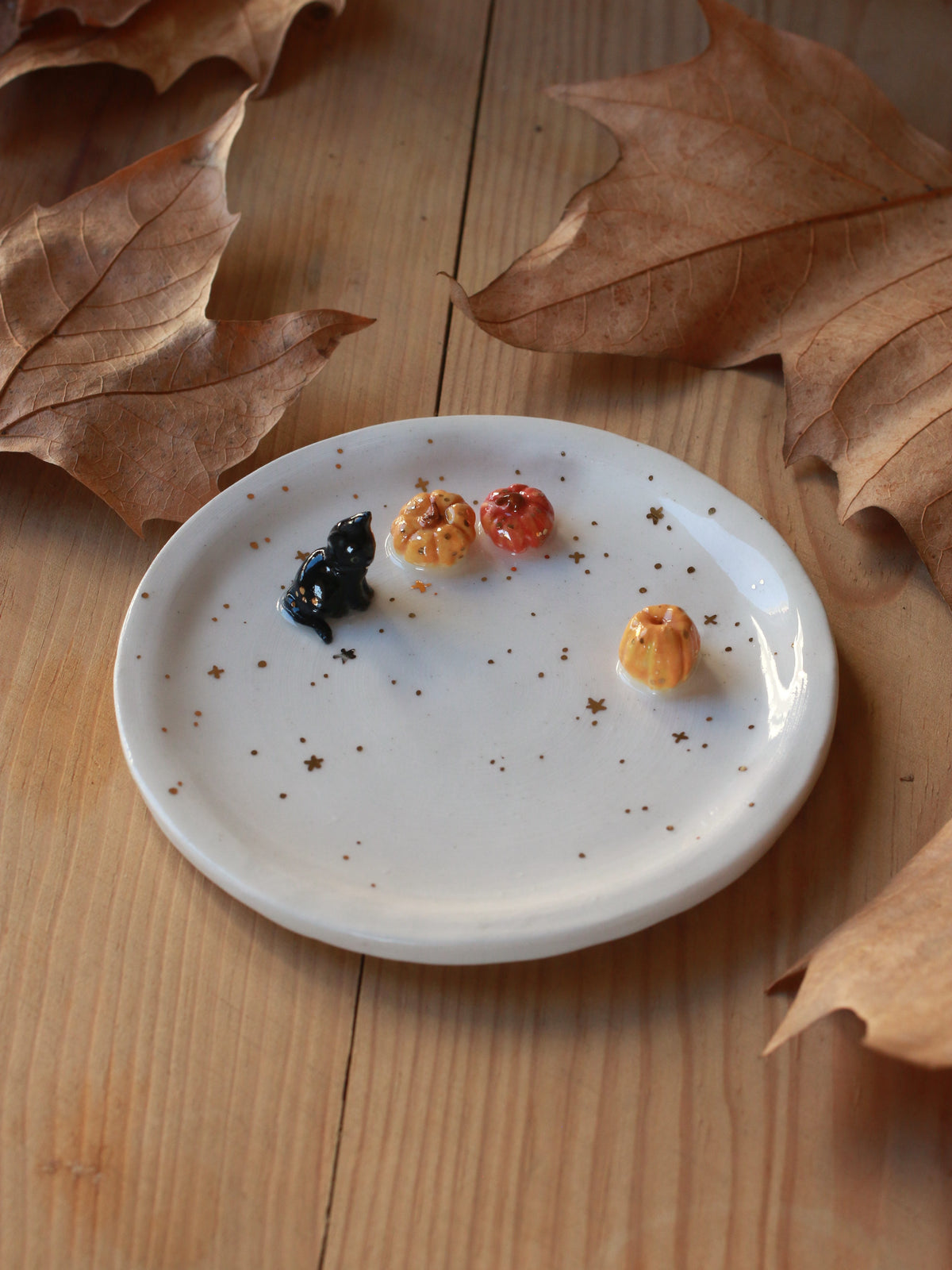 Black cat with pumpkins Ring Dish - Porcelain jewellery dish