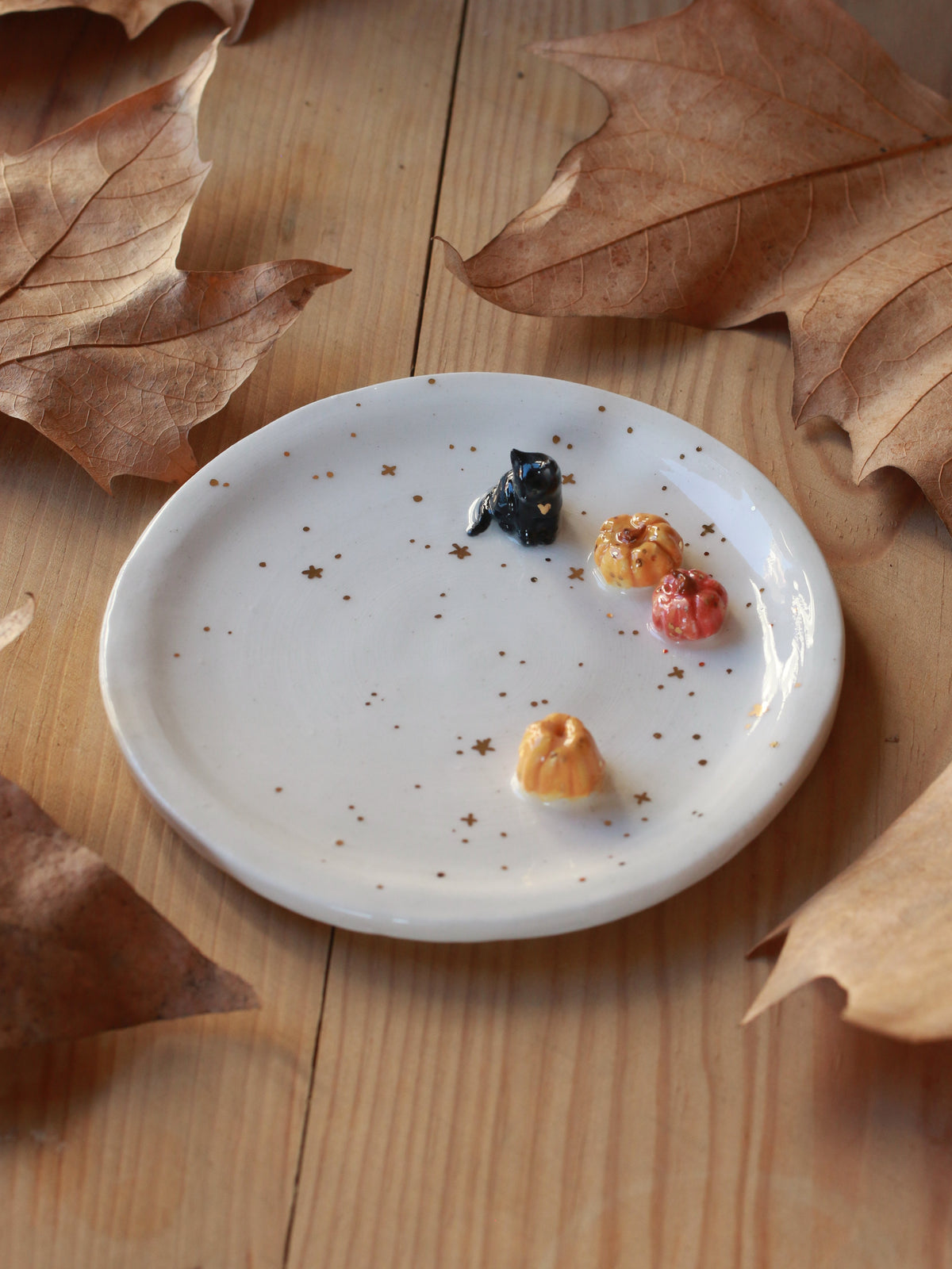 Black cat with pumpkins Ring Dish - Porcelain jewellery dish