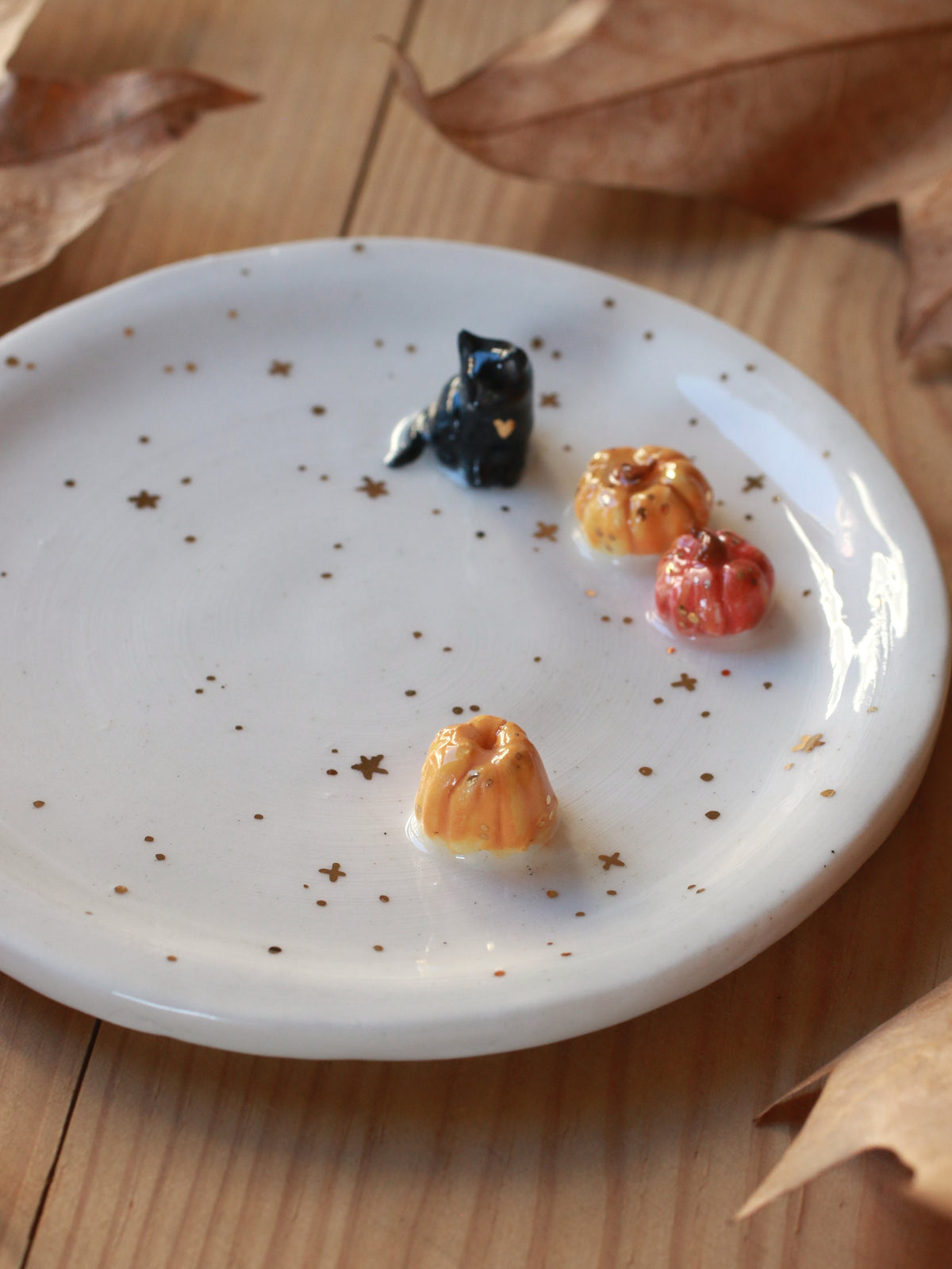 Black cat with pumpkins Ring Dish - Porcelain jewellery dish