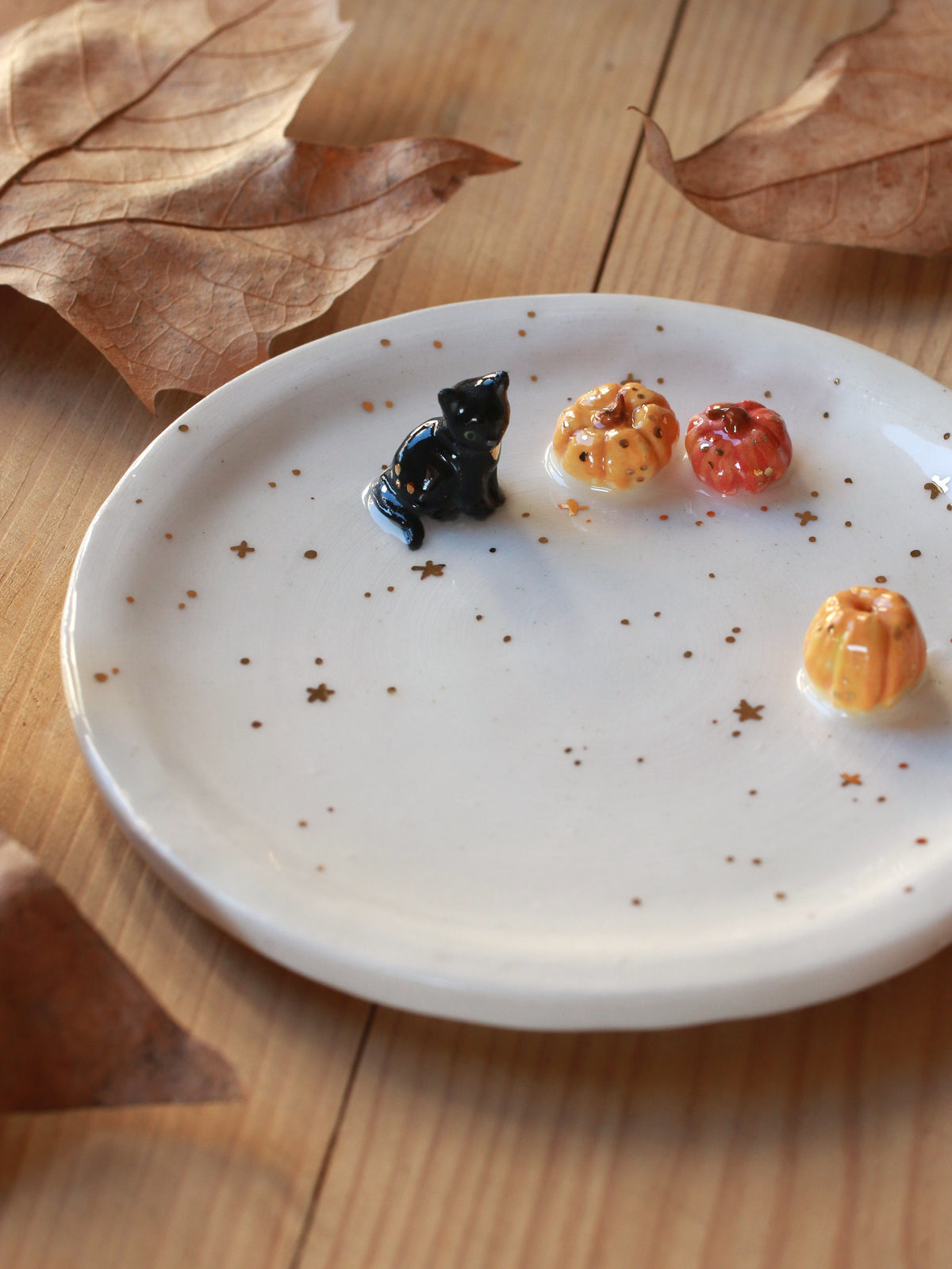 Black cat with pumpkins Ring Dish - Porcelain jewellery dish