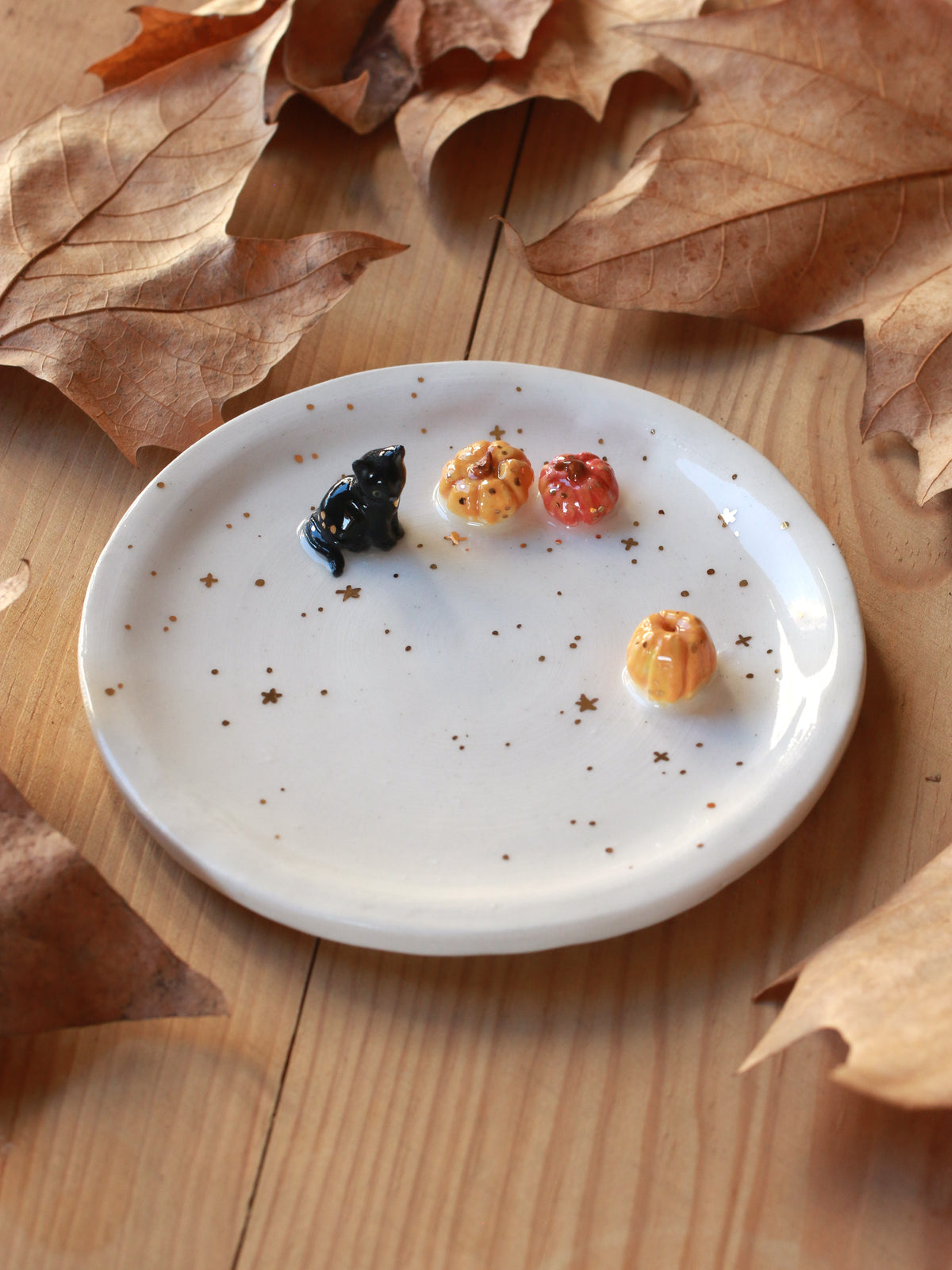 Black cat with pumpkins Ring Dish - Porcelain jewellery dish