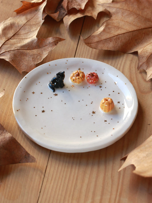 Black cat with pumpkins Ring Dish - Porcelain jewellery dish