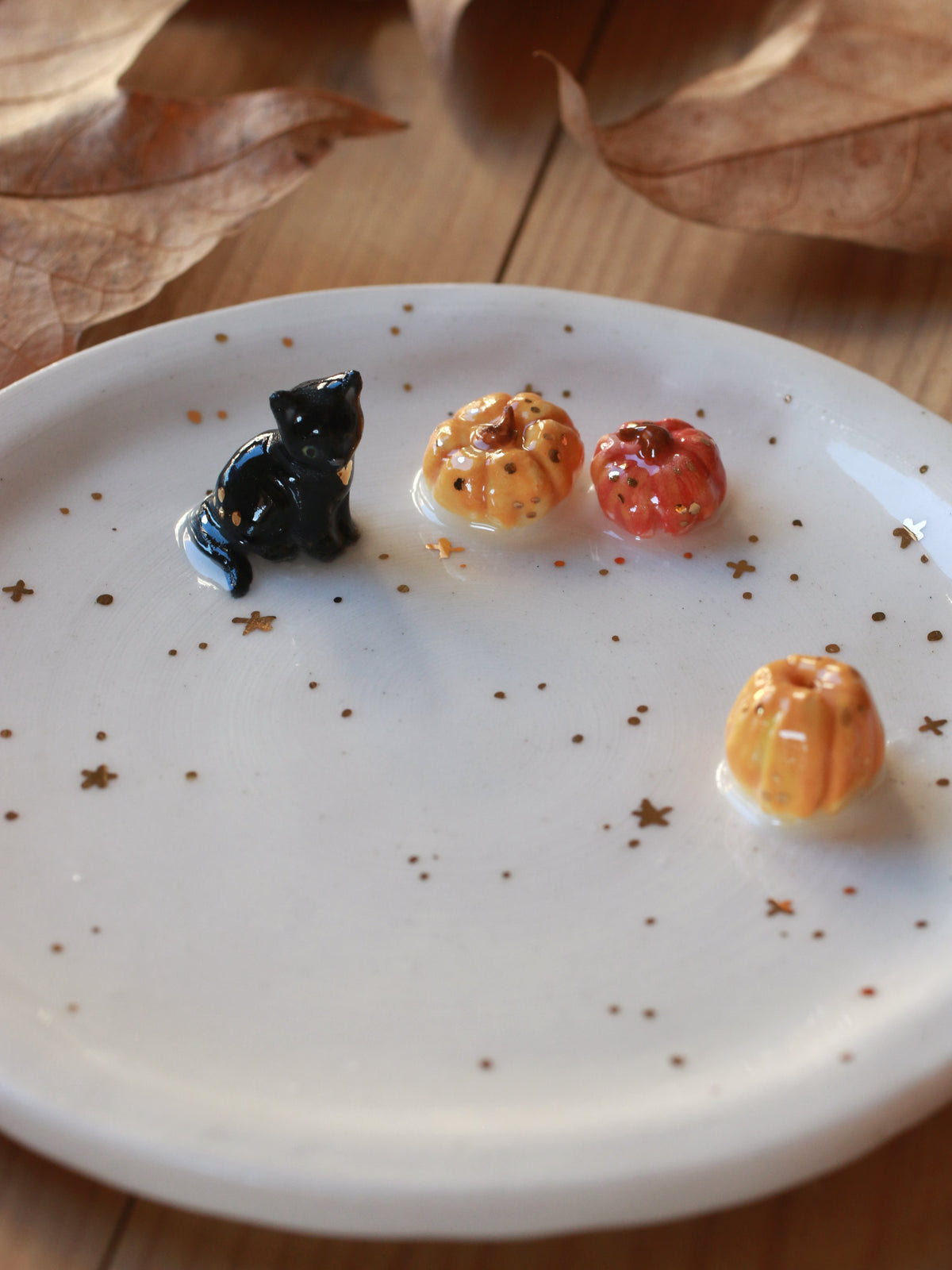 Black cat with pumpkins Ring Dish - Porcelain jewellery dish