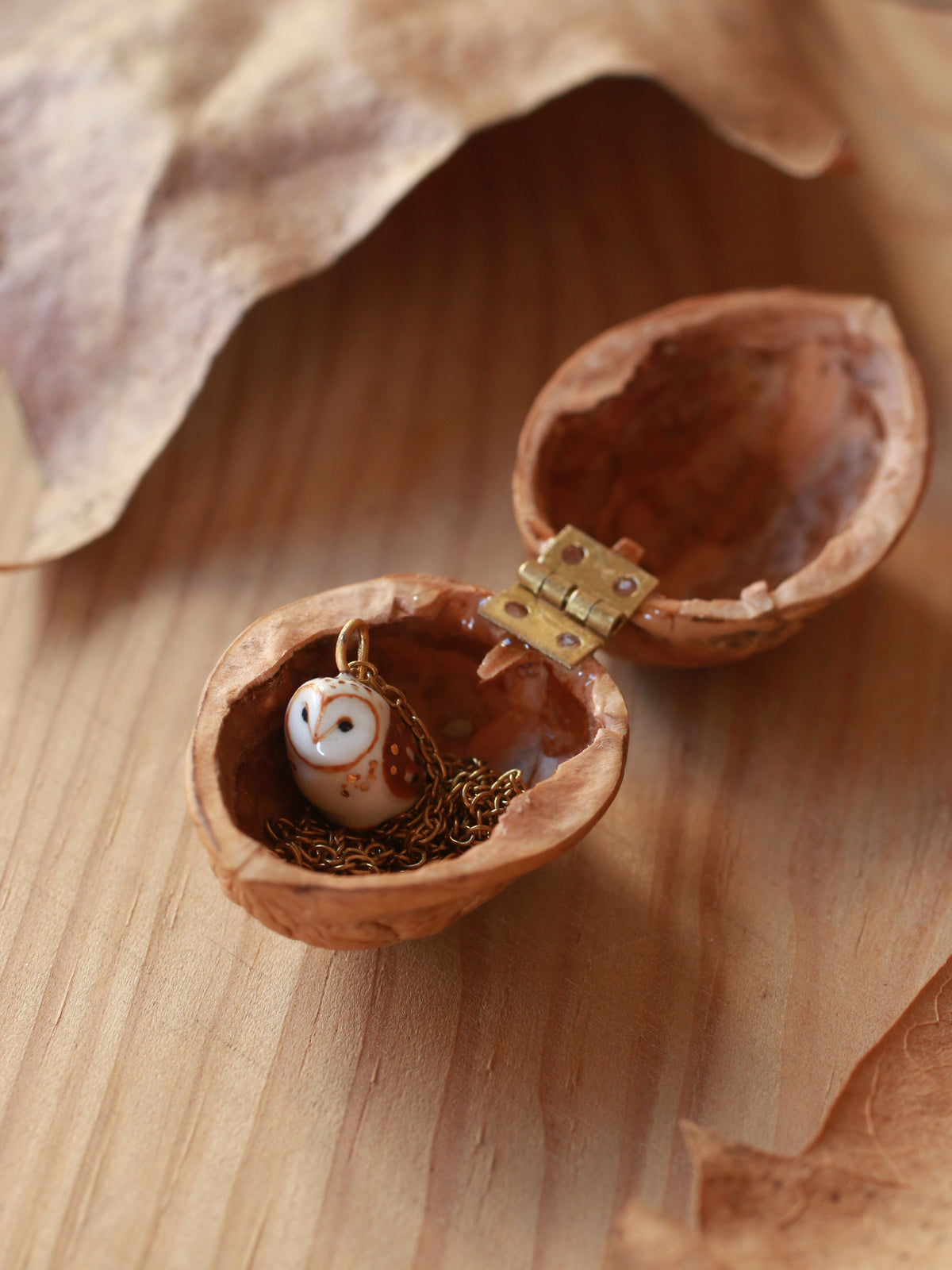 Barn owl necklace - nutshell box