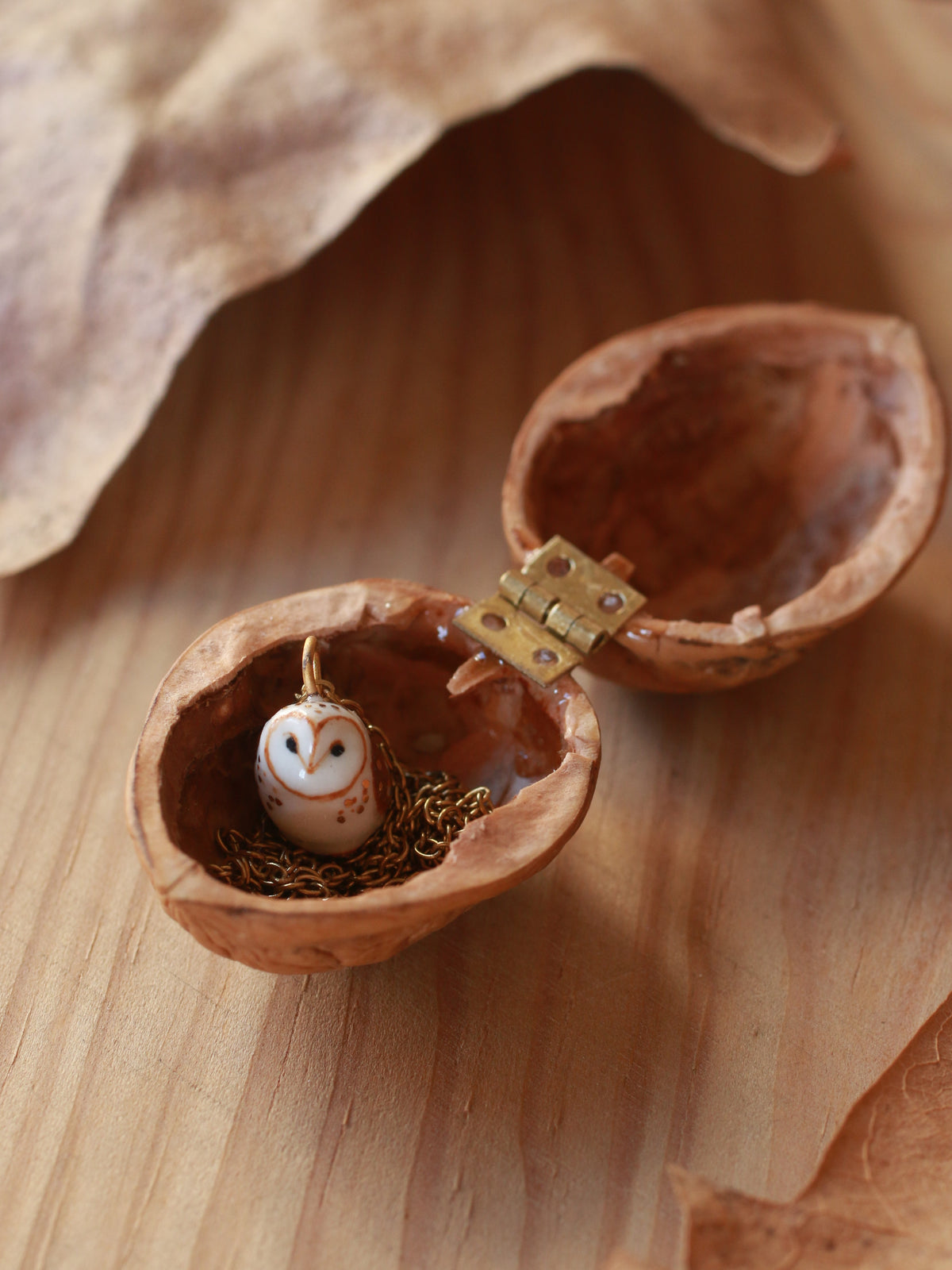 Barn owl necklace - nutshell box