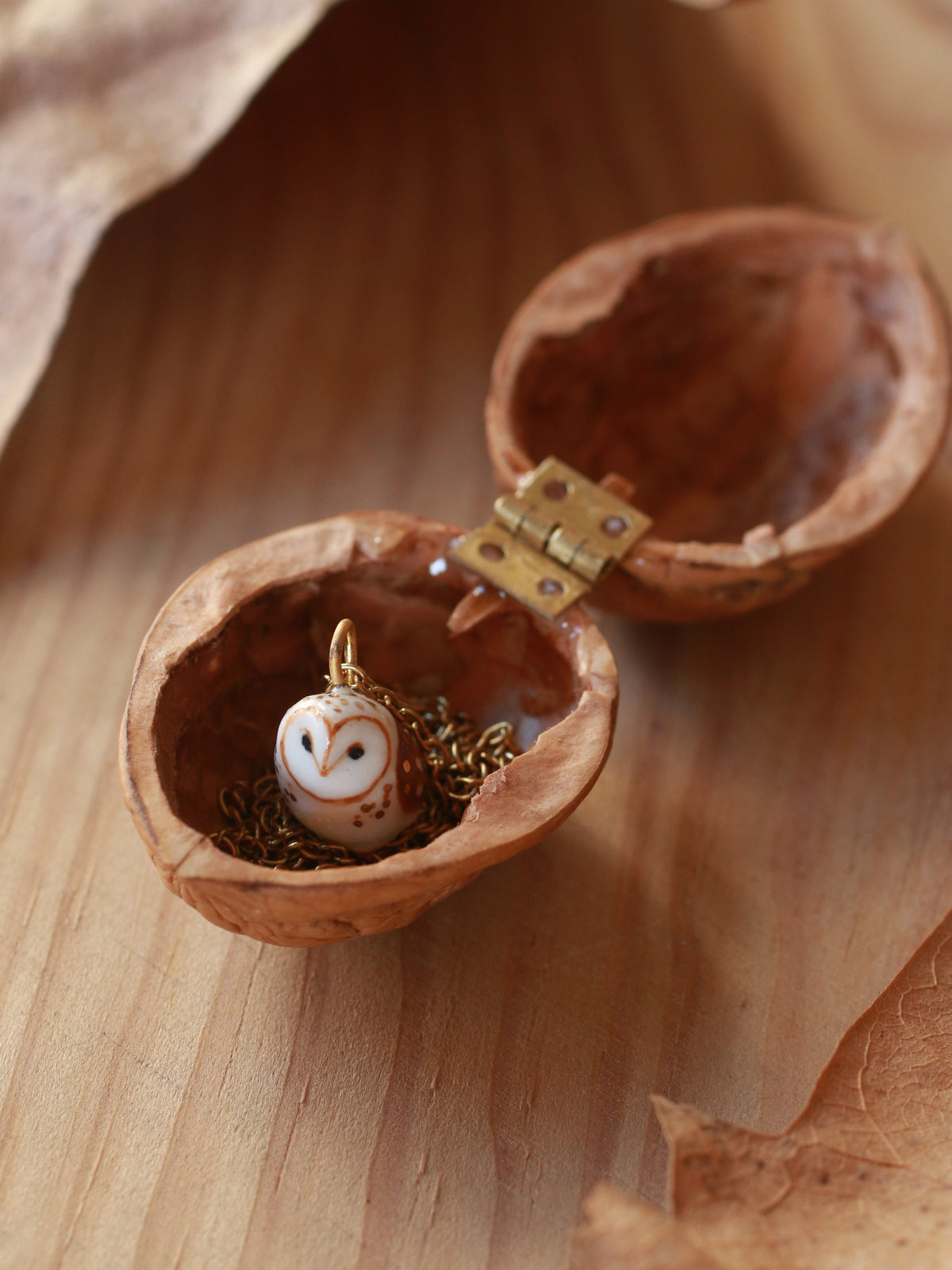 Barn owl necklace - nutshell box
