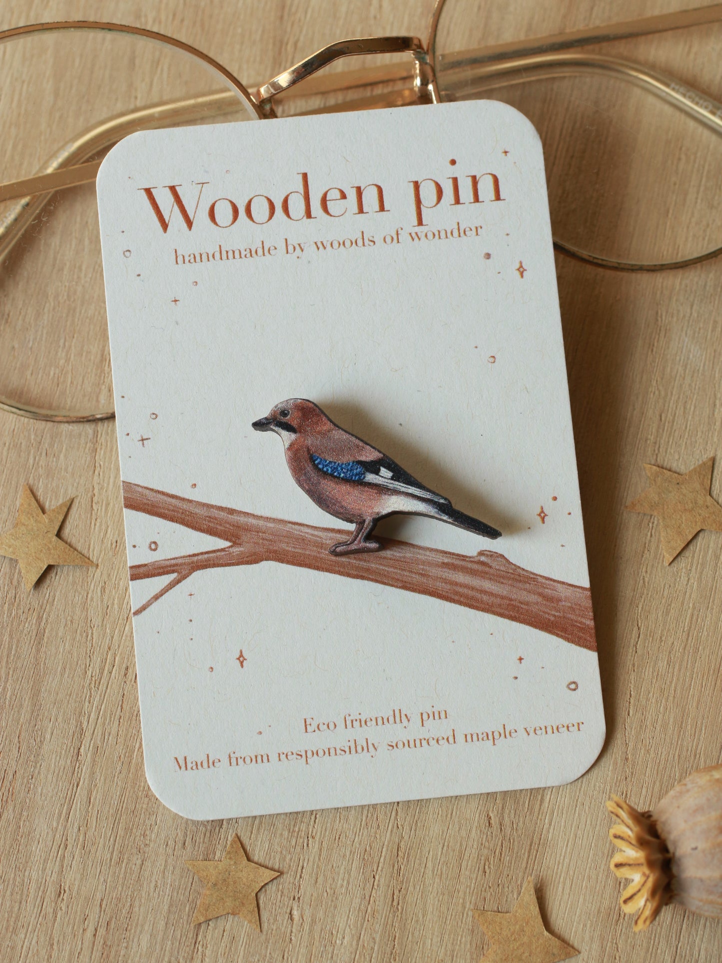 Jay pin - wooden bird brooch