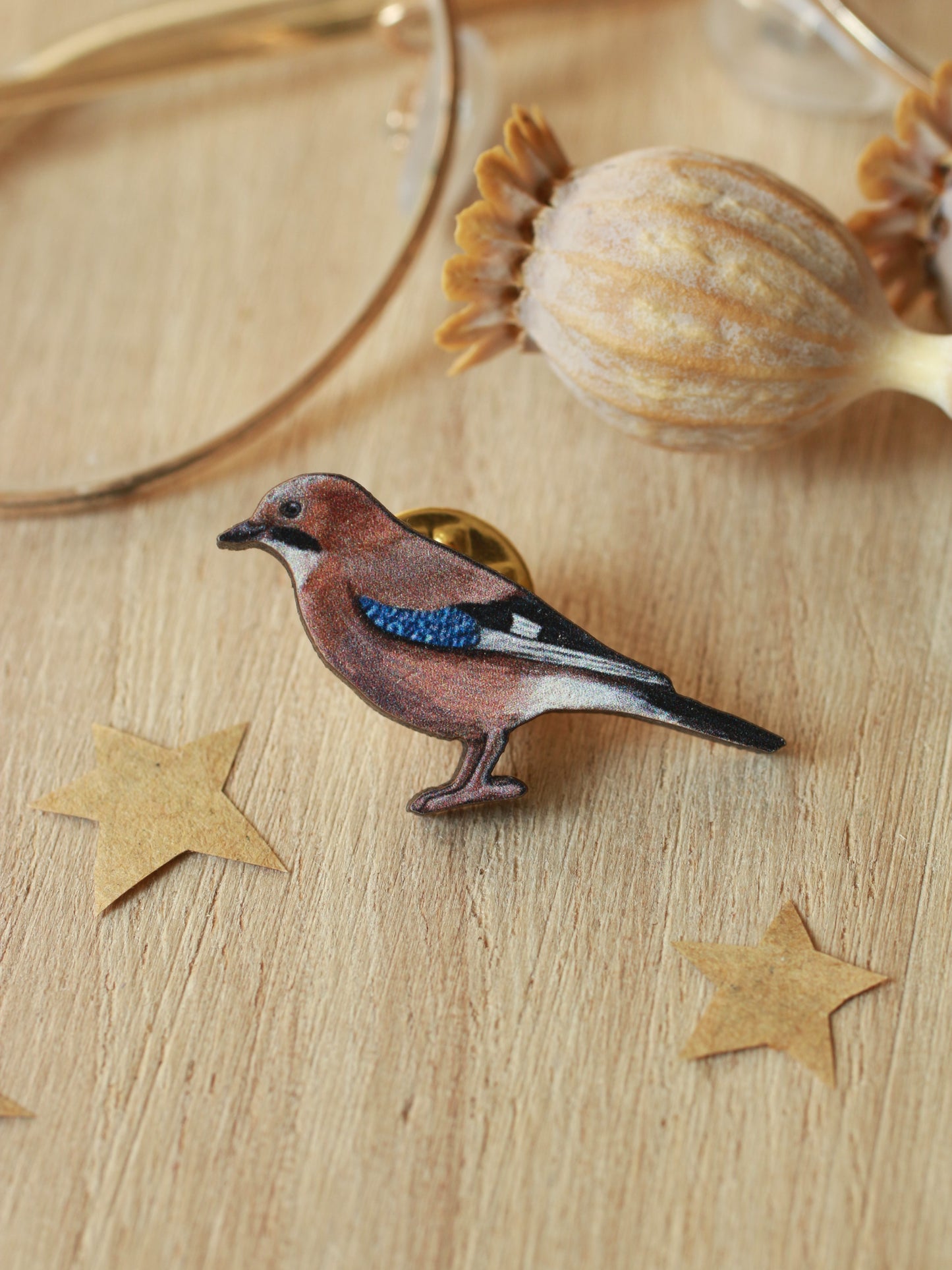 Jay pin - wooden bird brooch