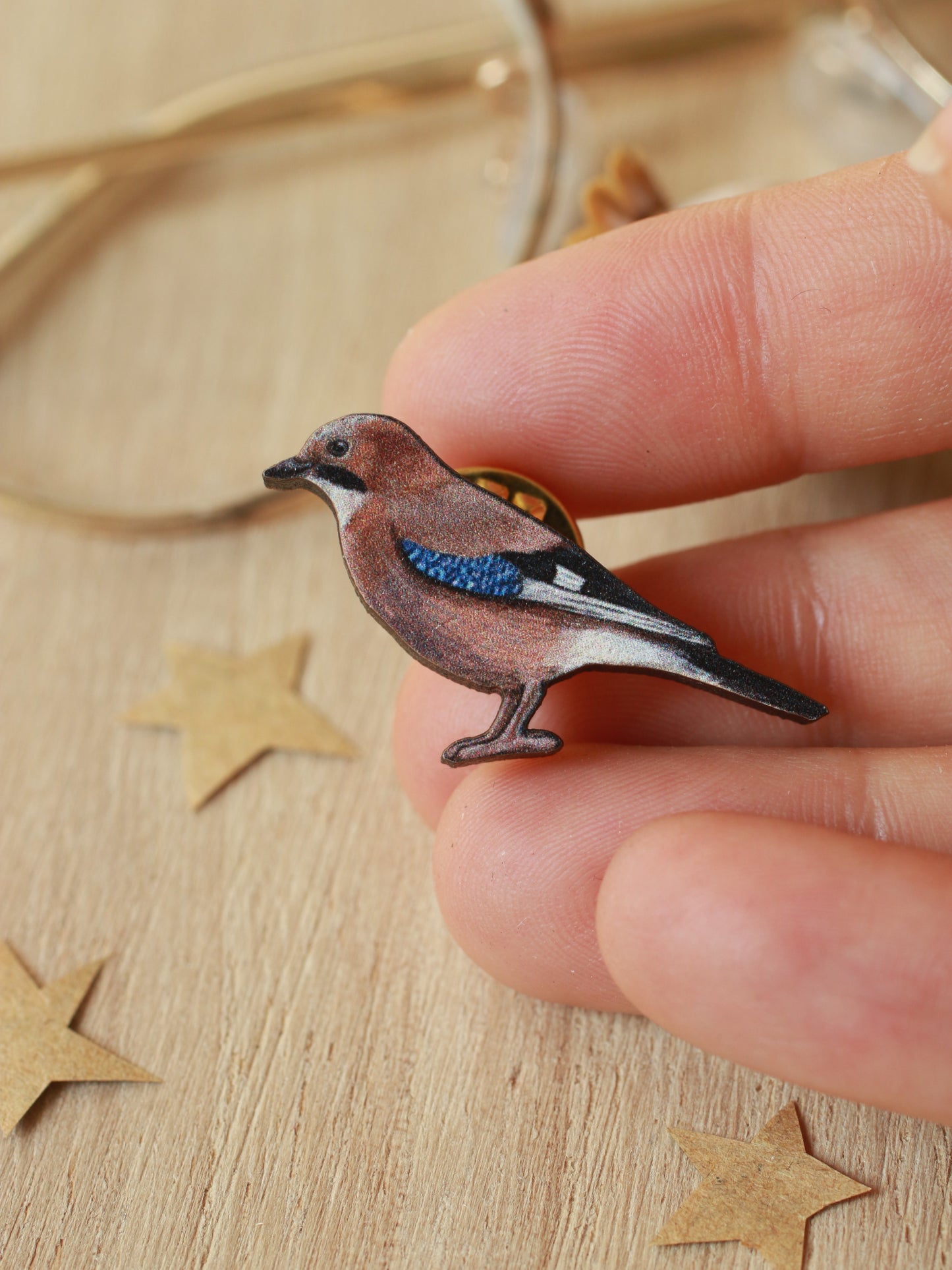 Jay pin - wooden bird brooch