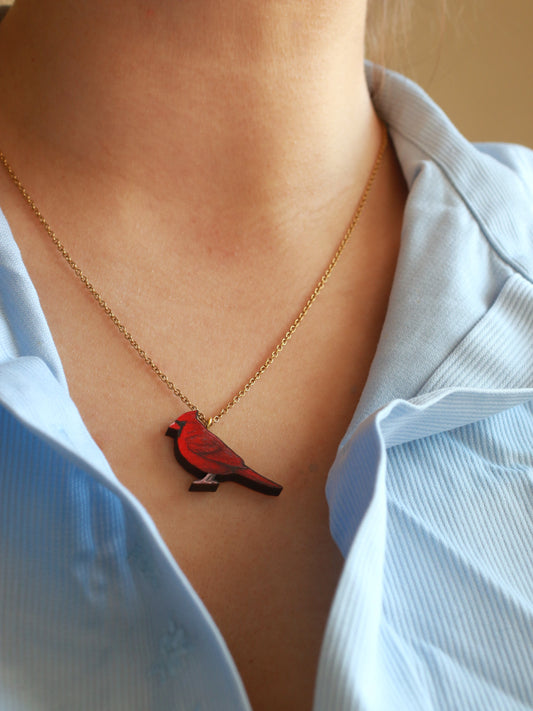 Red cardinal necklace - wooden bird jewelry