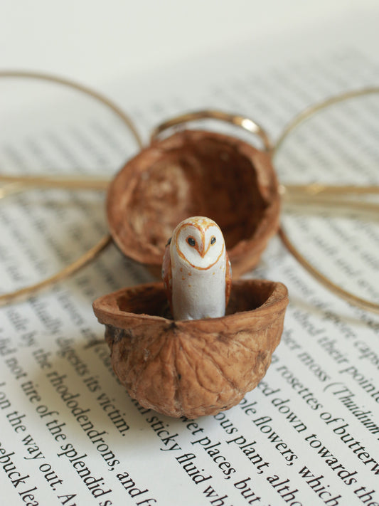 Barn owl necklace in a nutshell box