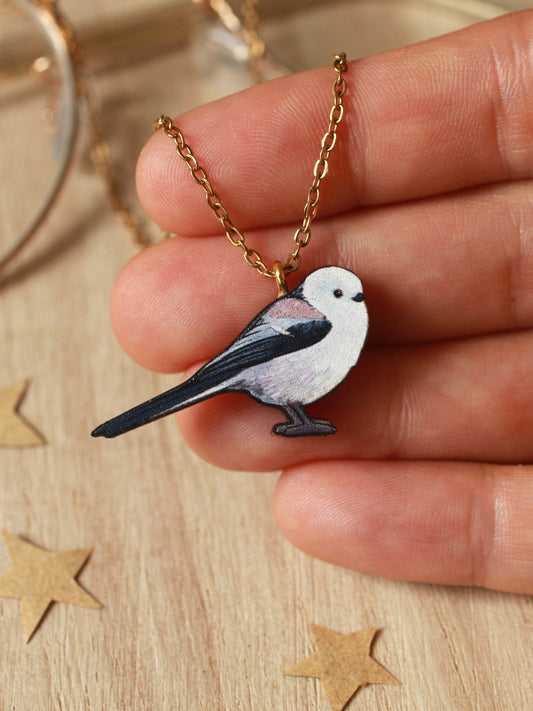 Long-tailed tit necklace - wooden bird pendant