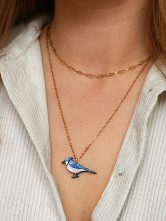 Blue jay necklace - wooden bird pendant