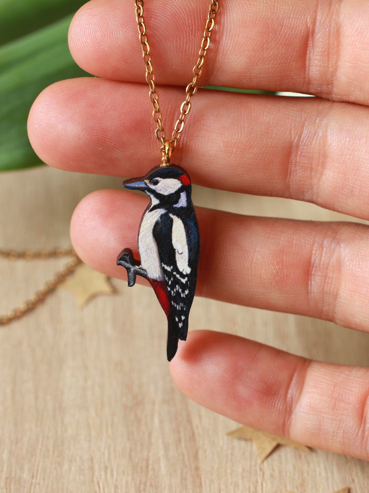 Woodpecker necklace - wooden bird pendant