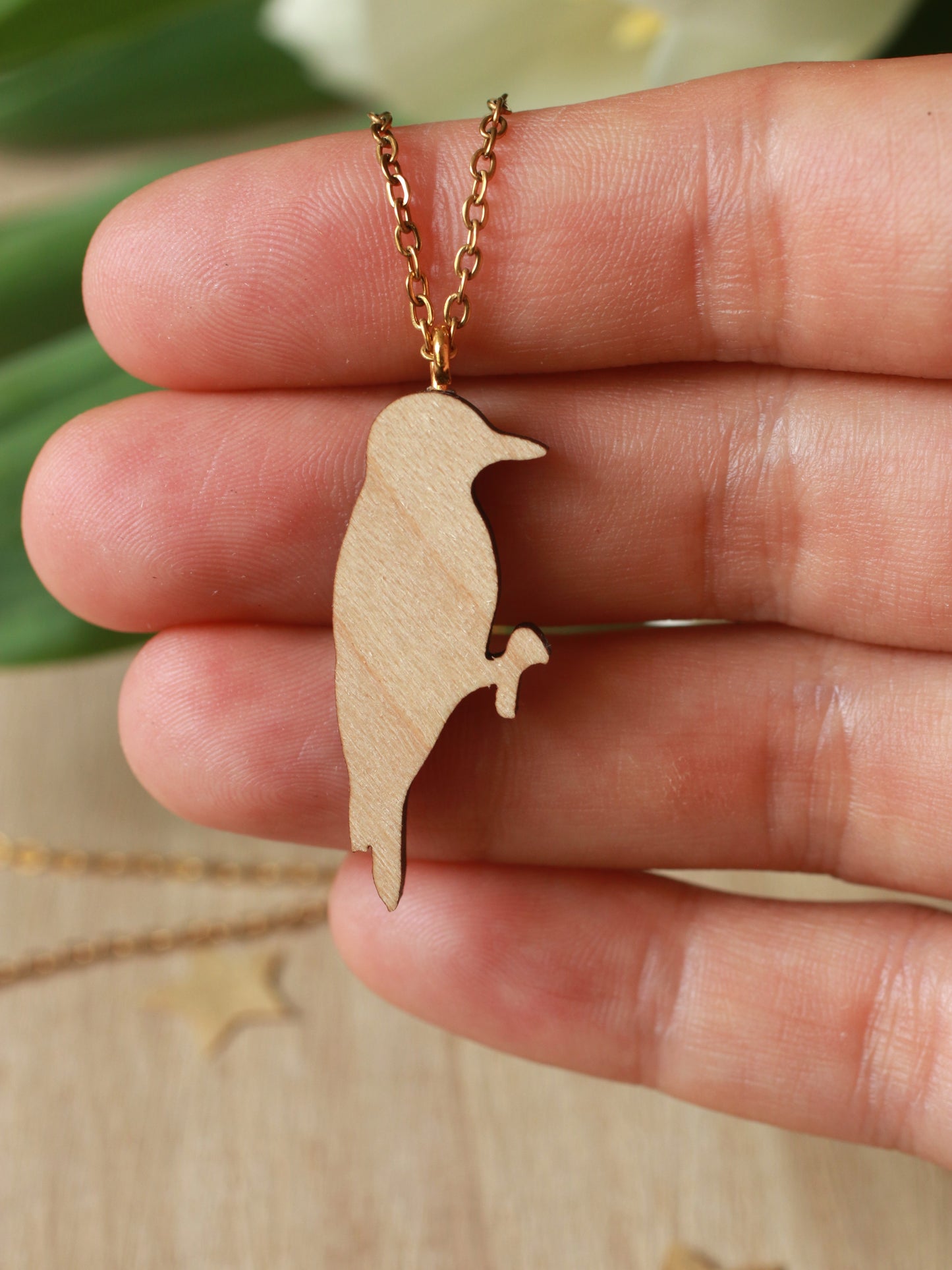 Woodpecker necklace - wooden bird pendant
