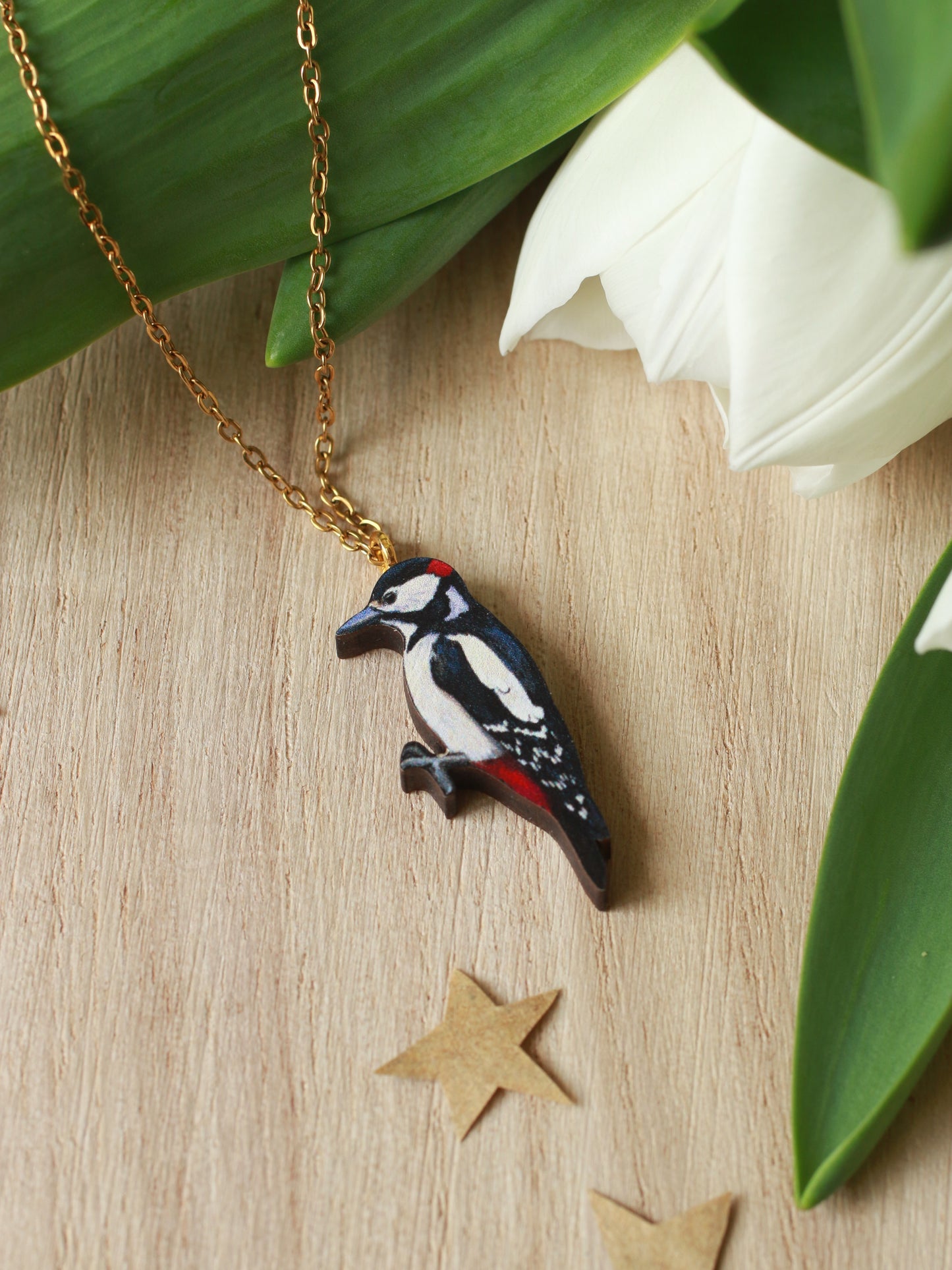 Woodpecker necklace - wooden bird pendant