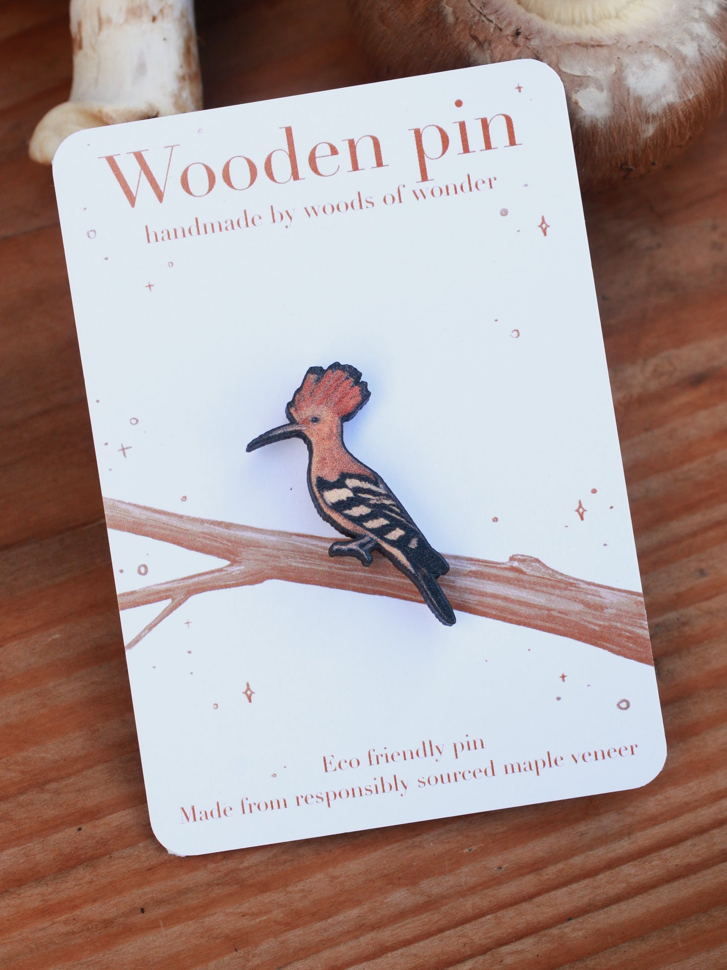 Hoopoe pin - wooden bird pin