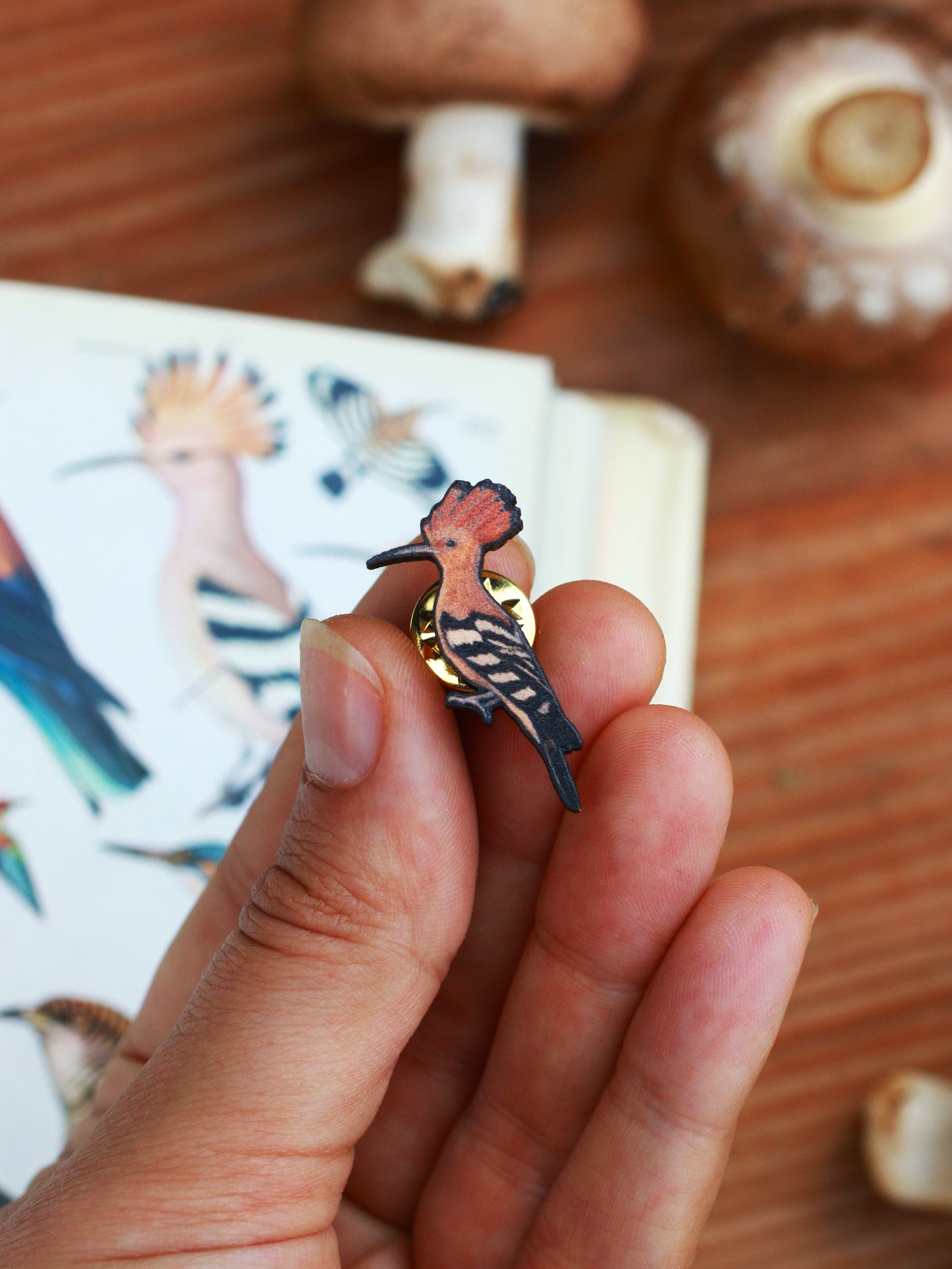 Hoopoe pin - wooden bird pin