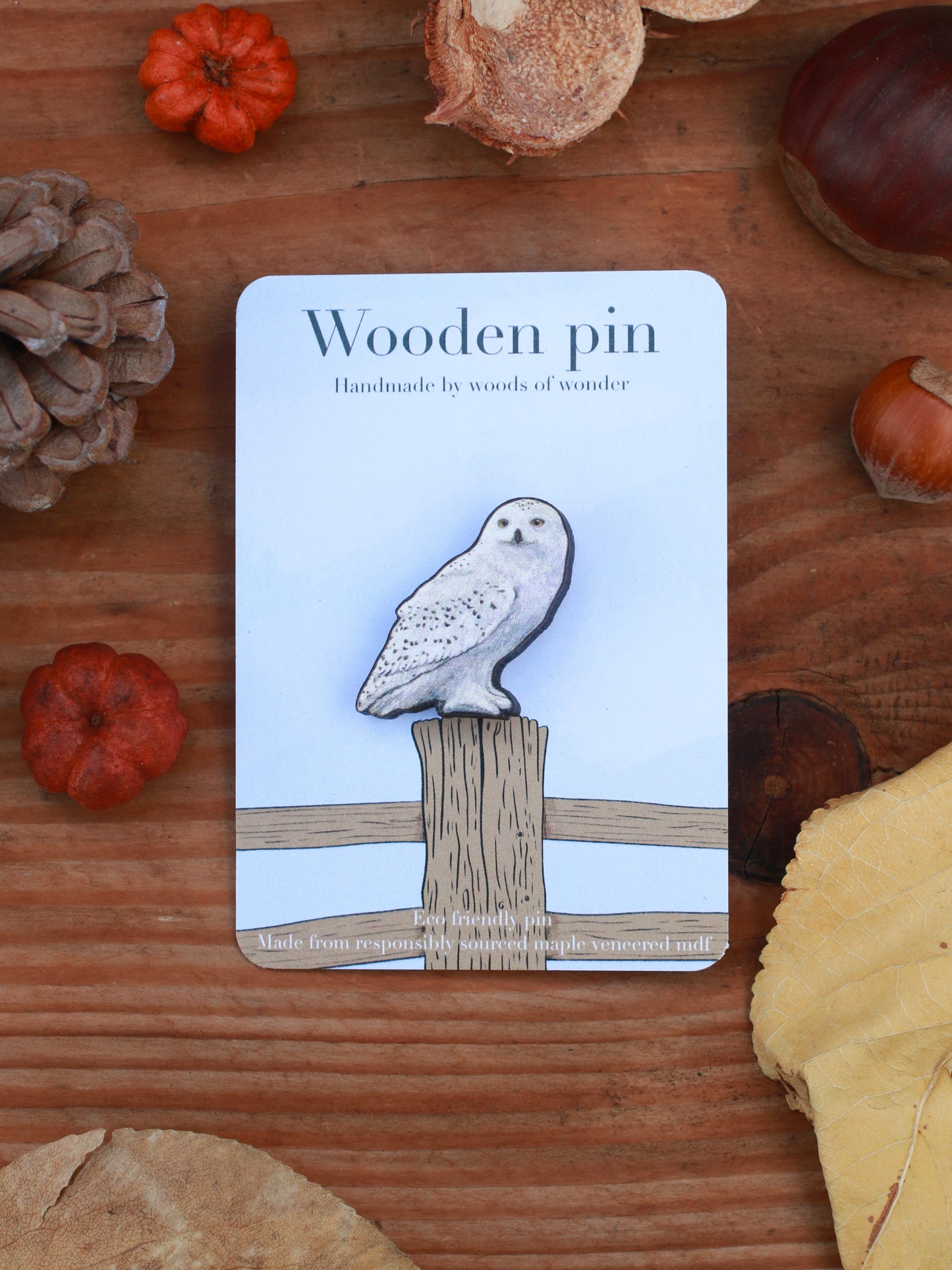 Snowy owl wooden pin