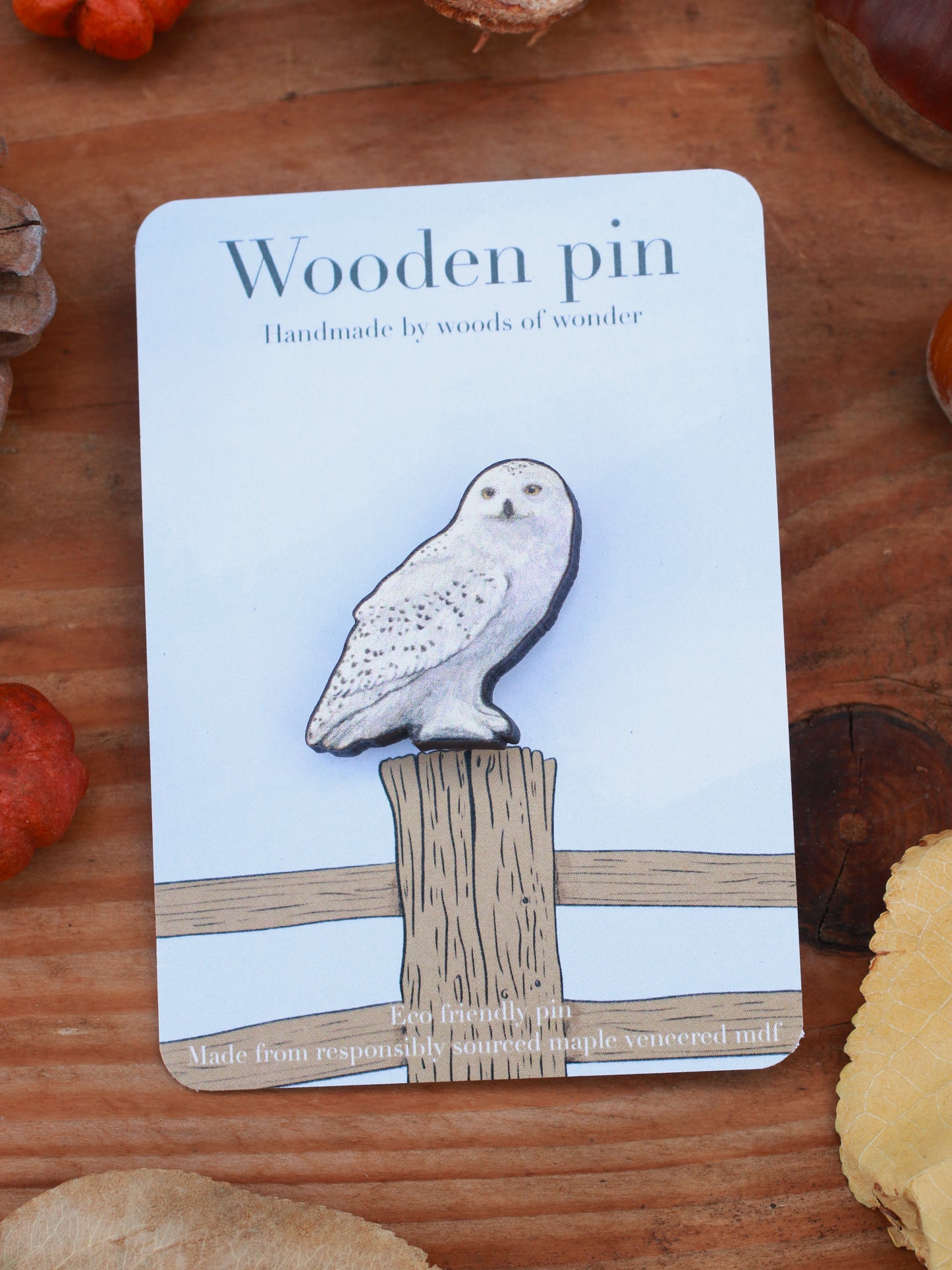 Snowy owl wooden pin