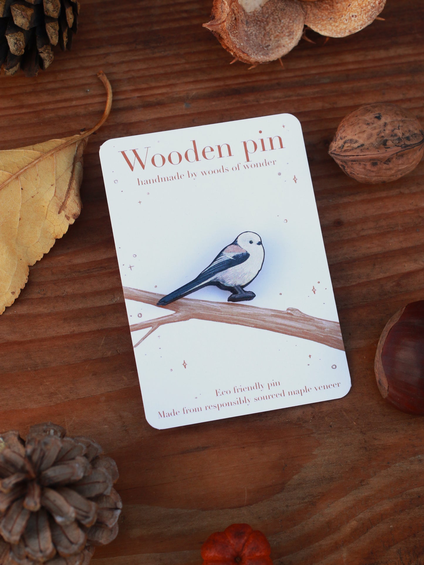 Long-tailed tit pin - wooden bird pin