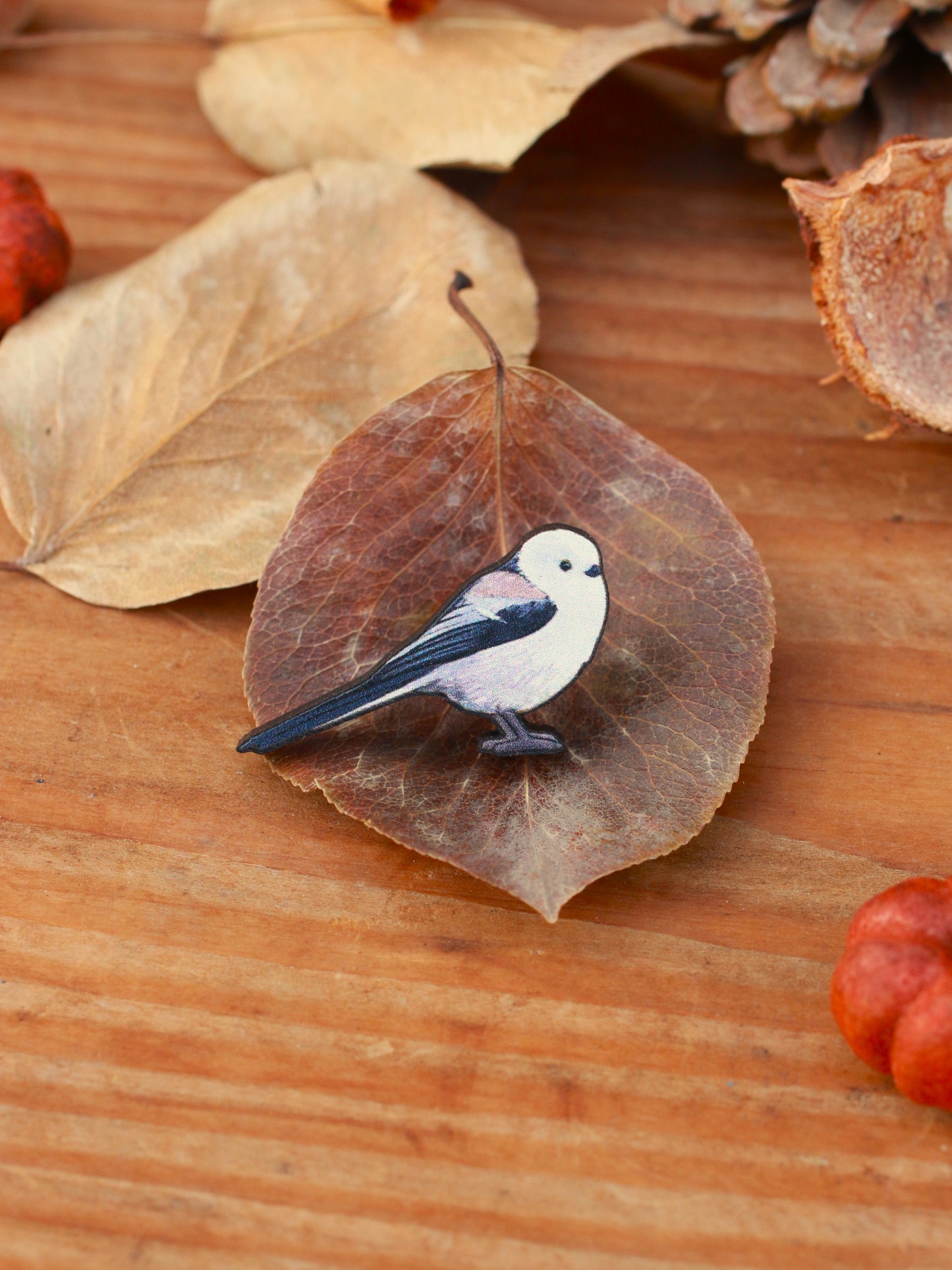 Long-tailed tit pin - wooden bird pin