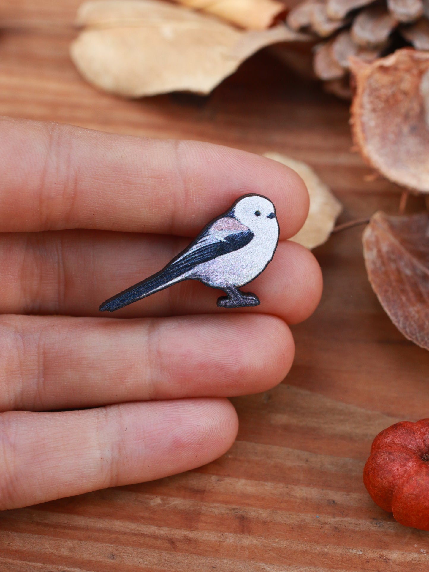 Long-tailed tit pin - wooden bird pin