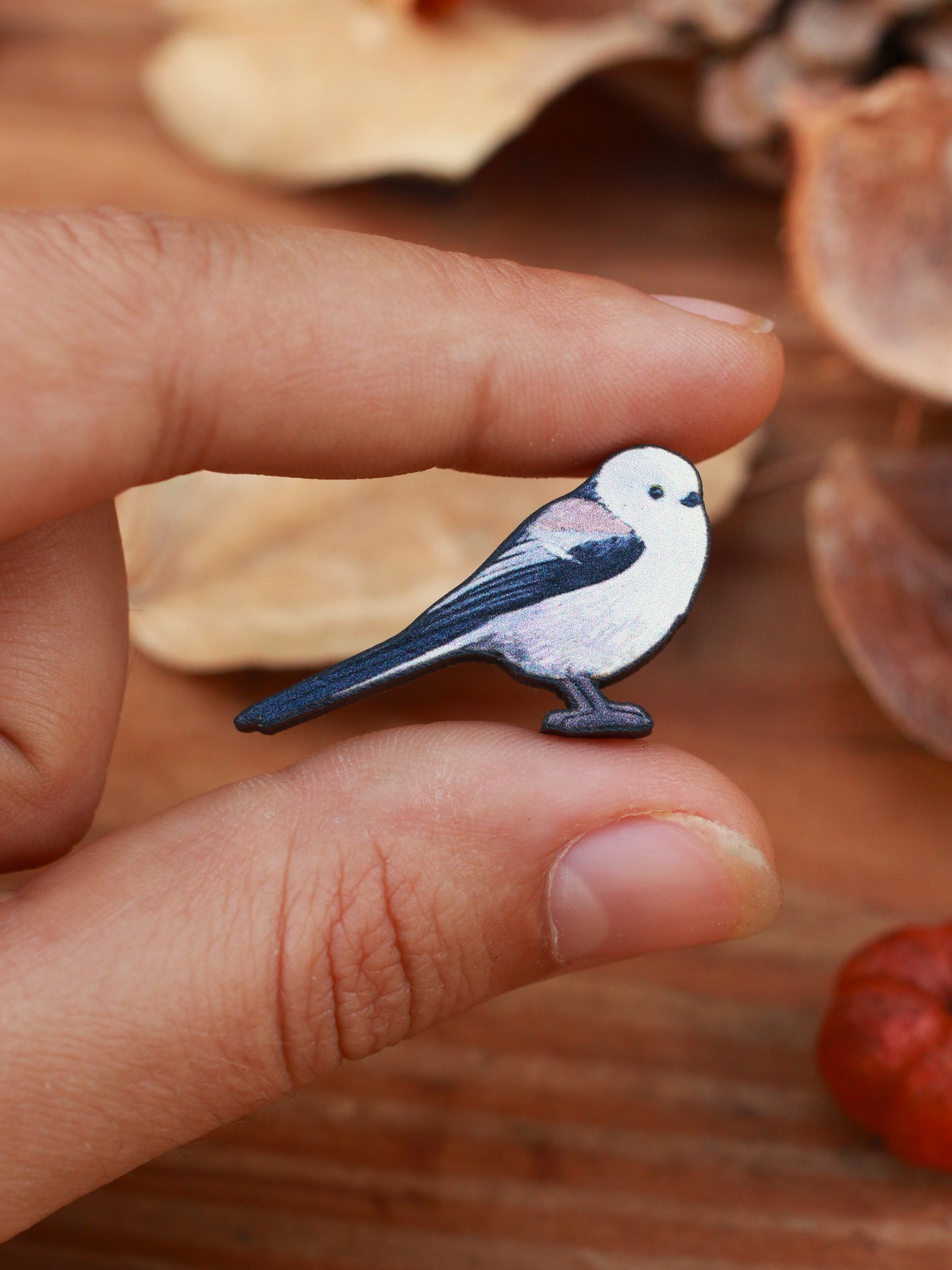 Long-tailed tit pin - wooden bird pin