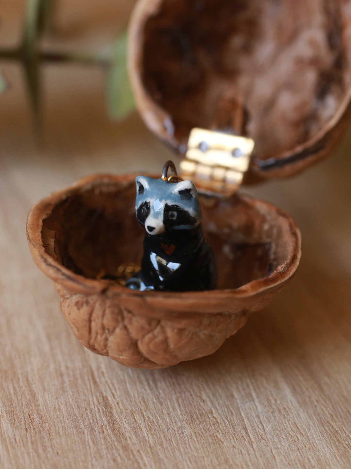 Raccoon necklace in a nutshell box