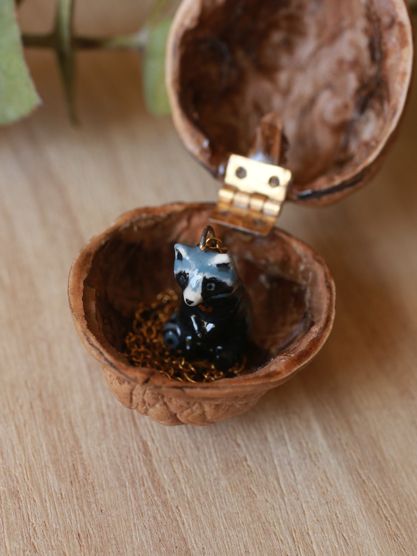 Raccoon necklace in a nutshell box