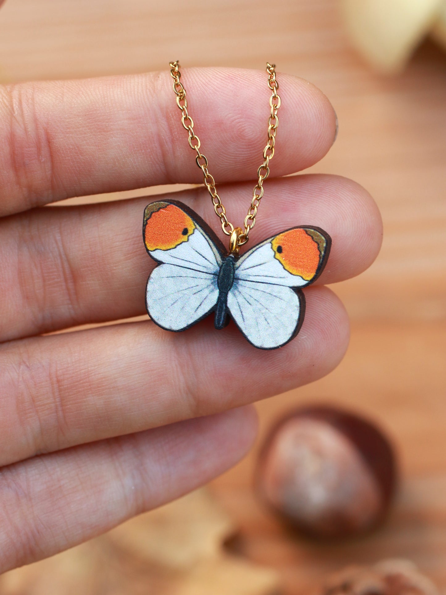 Wooden Orange tip Butterfly necklace