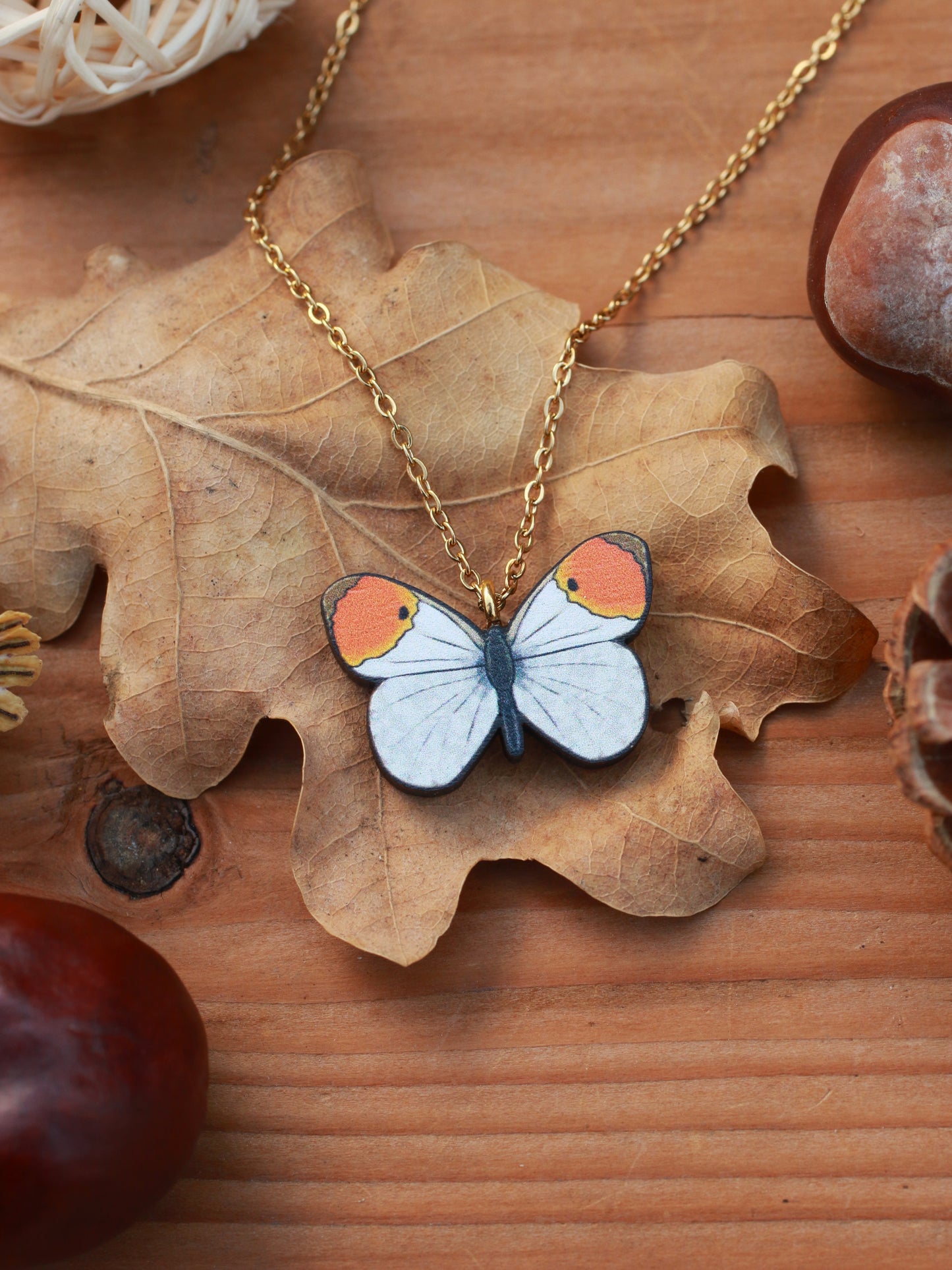 Wooden Orange tip Butterfly necklace