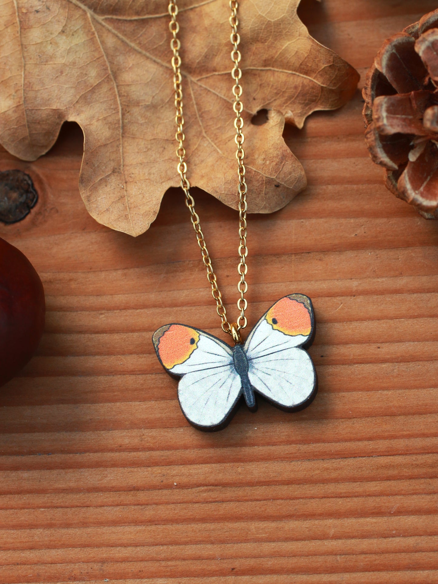 Wooden Orange tip Butterfly necklace