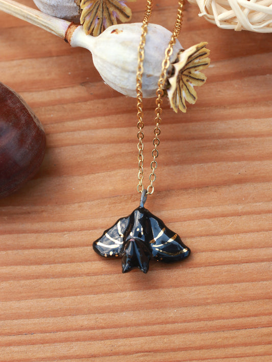 Bat necklace - Ceramic pendant 22k gold details