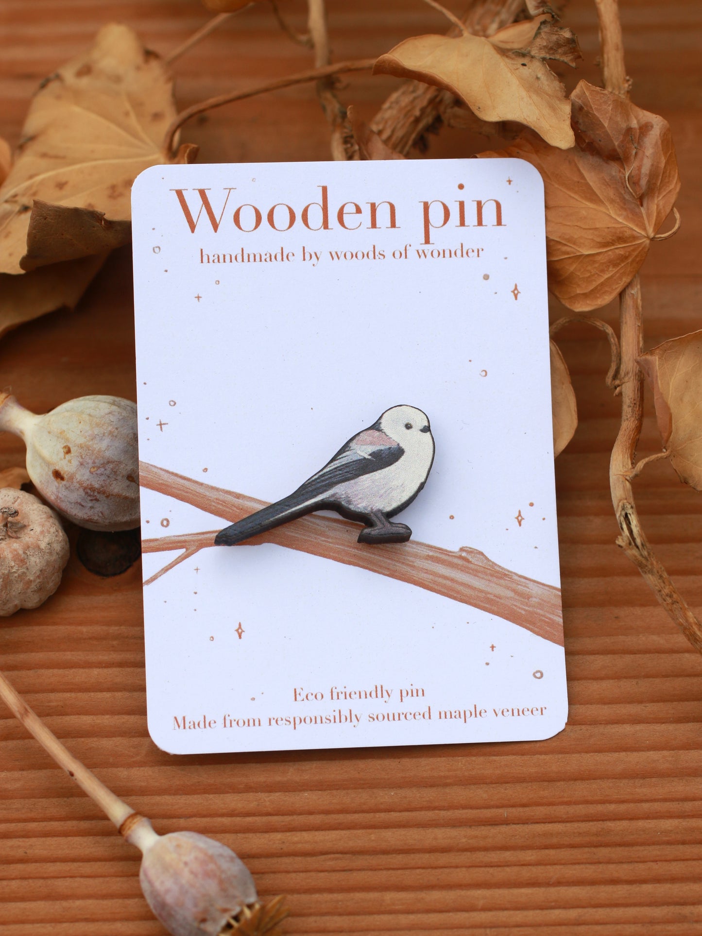 Long-tailed tit pin - wooden bird pin