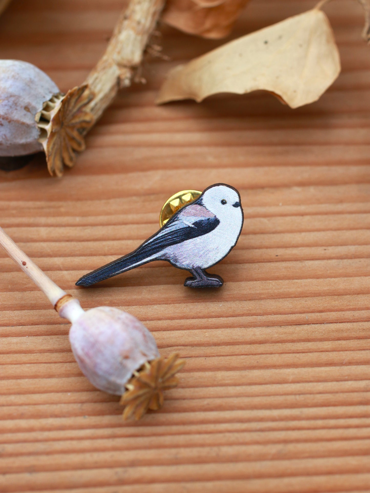 Long-tailed tit pin - wooden bird pin