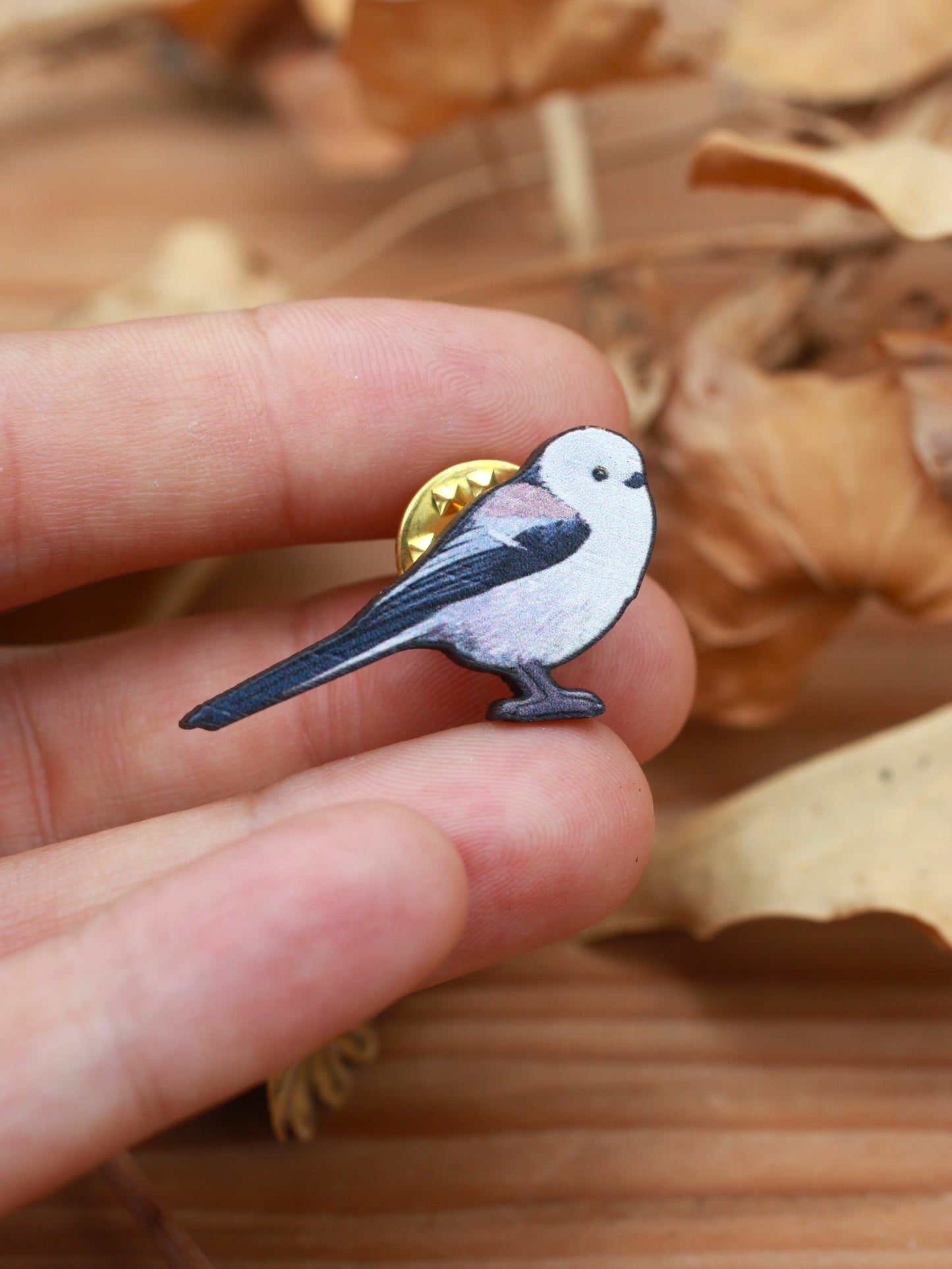 Long-tailed tit pin - wooden bird pin