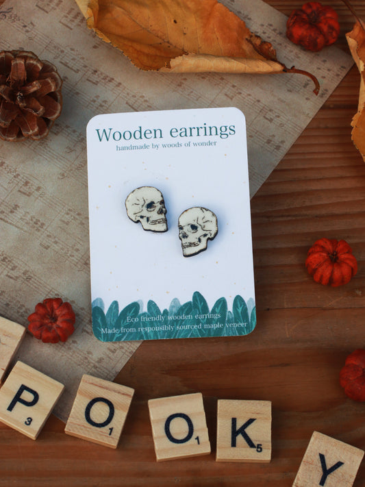 Skull earrings - wooden stud earring