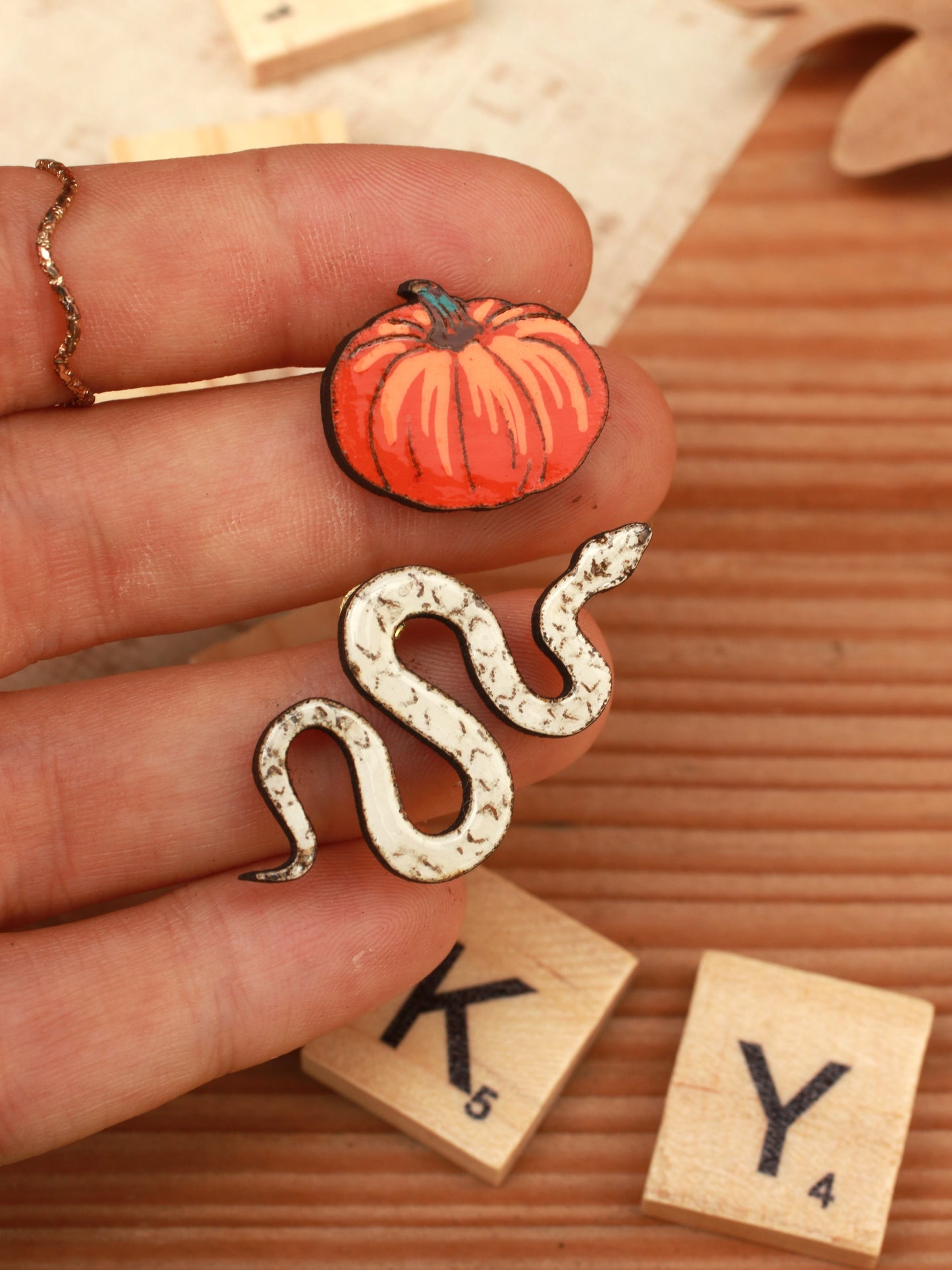 Pumpkin and snake pin set