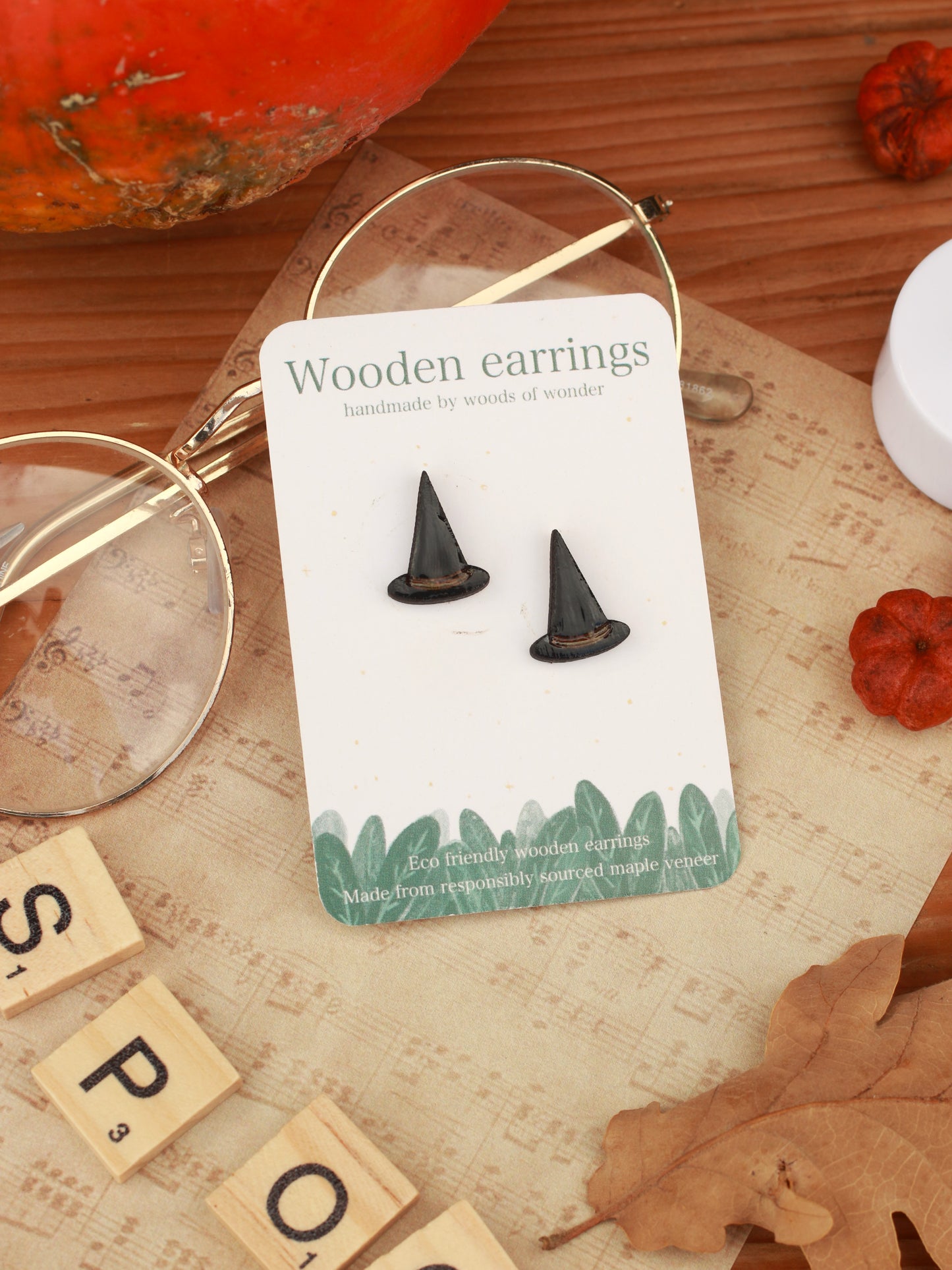 Witch hat earrings - wooden stud earring