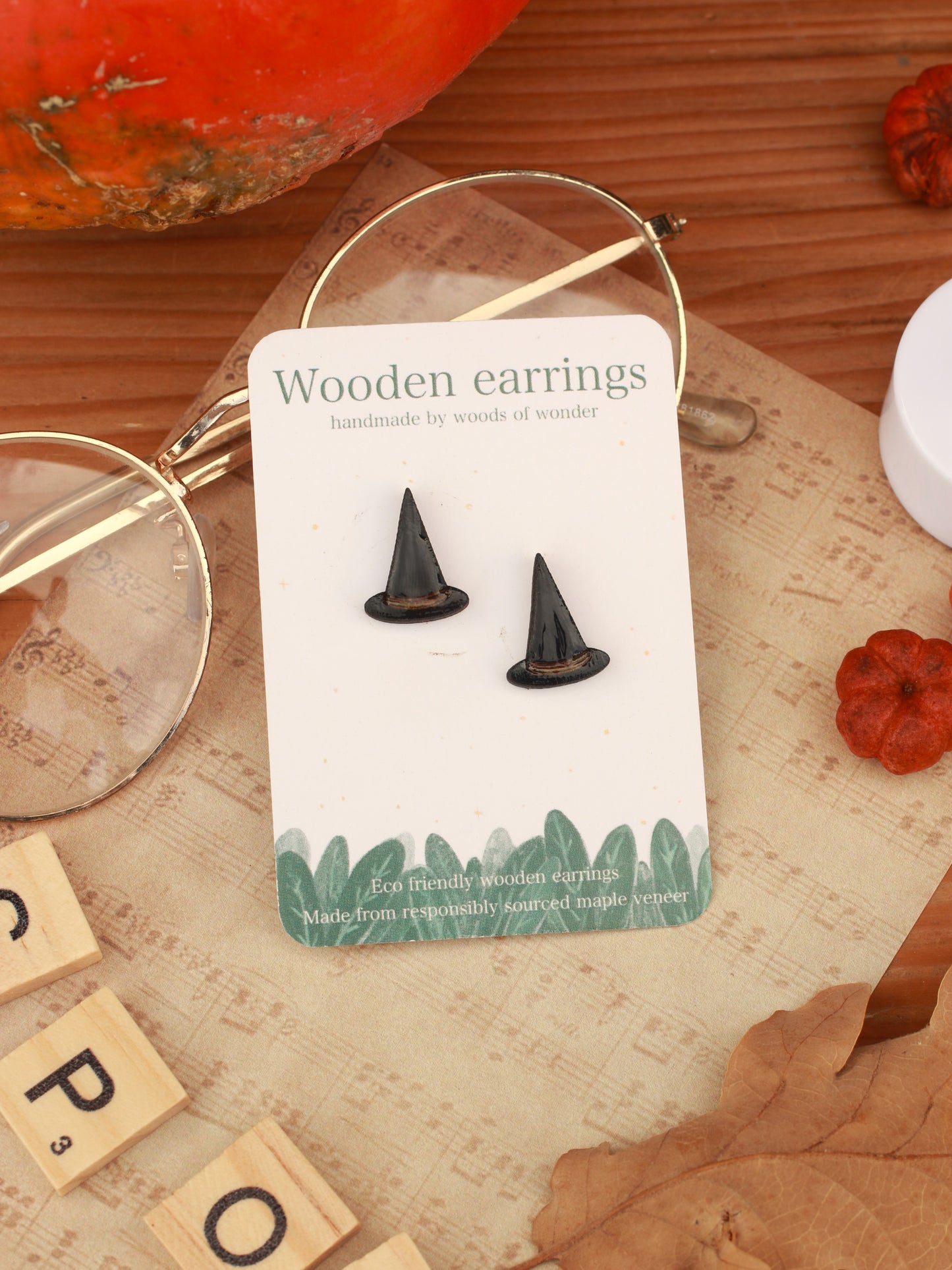 Witch hat earrings - wooden stud earring