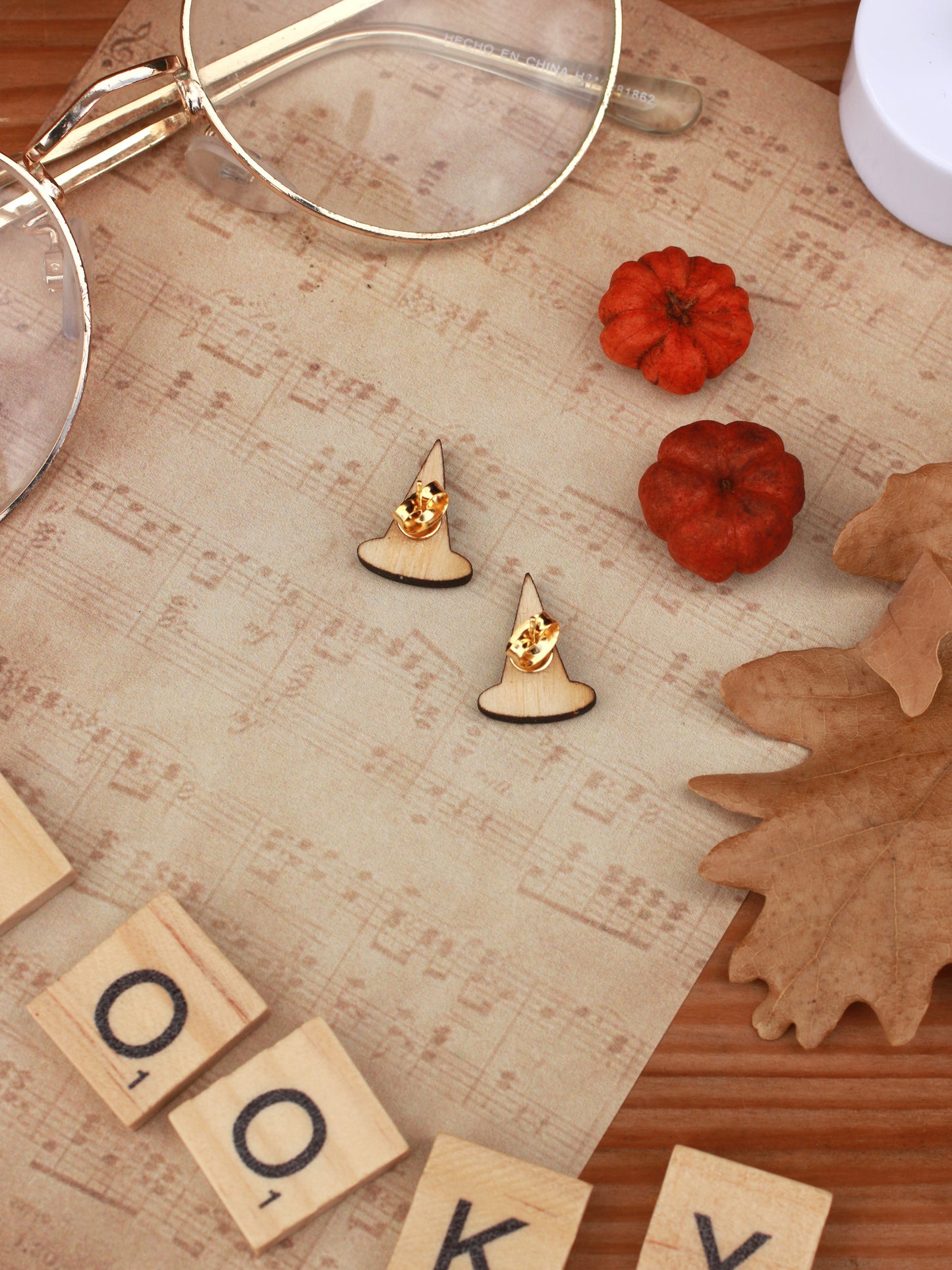 Witch hat earrings - wooden stud earring