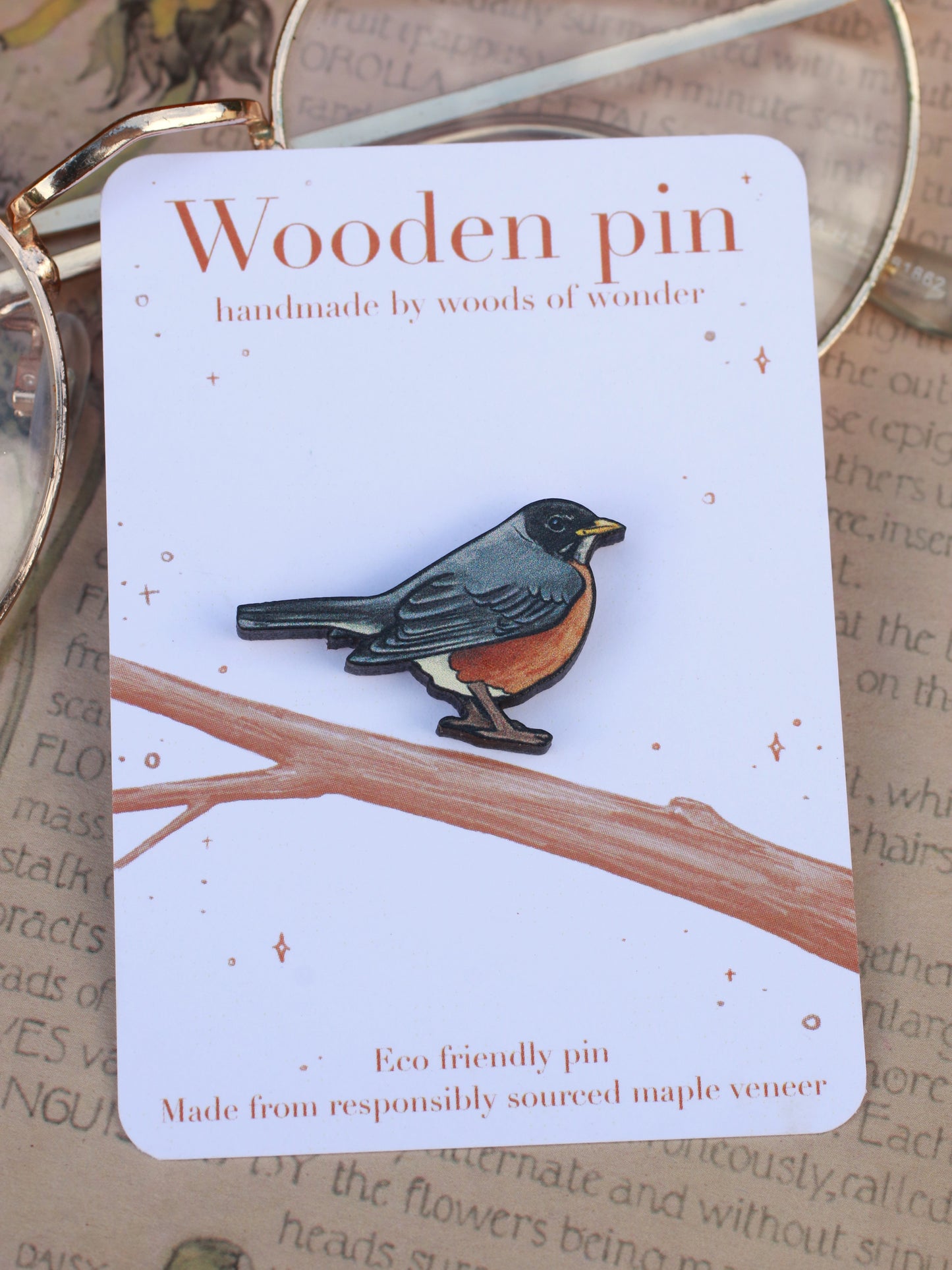 American Robin pin - wooden bird brooch