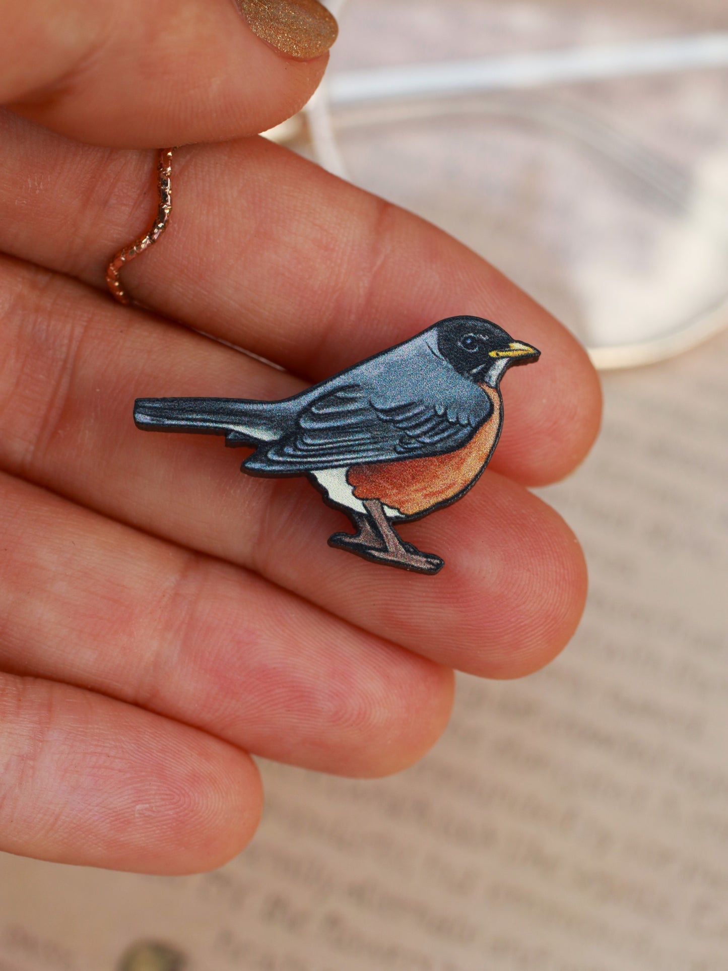 American Robin pin - wooden bird brooch