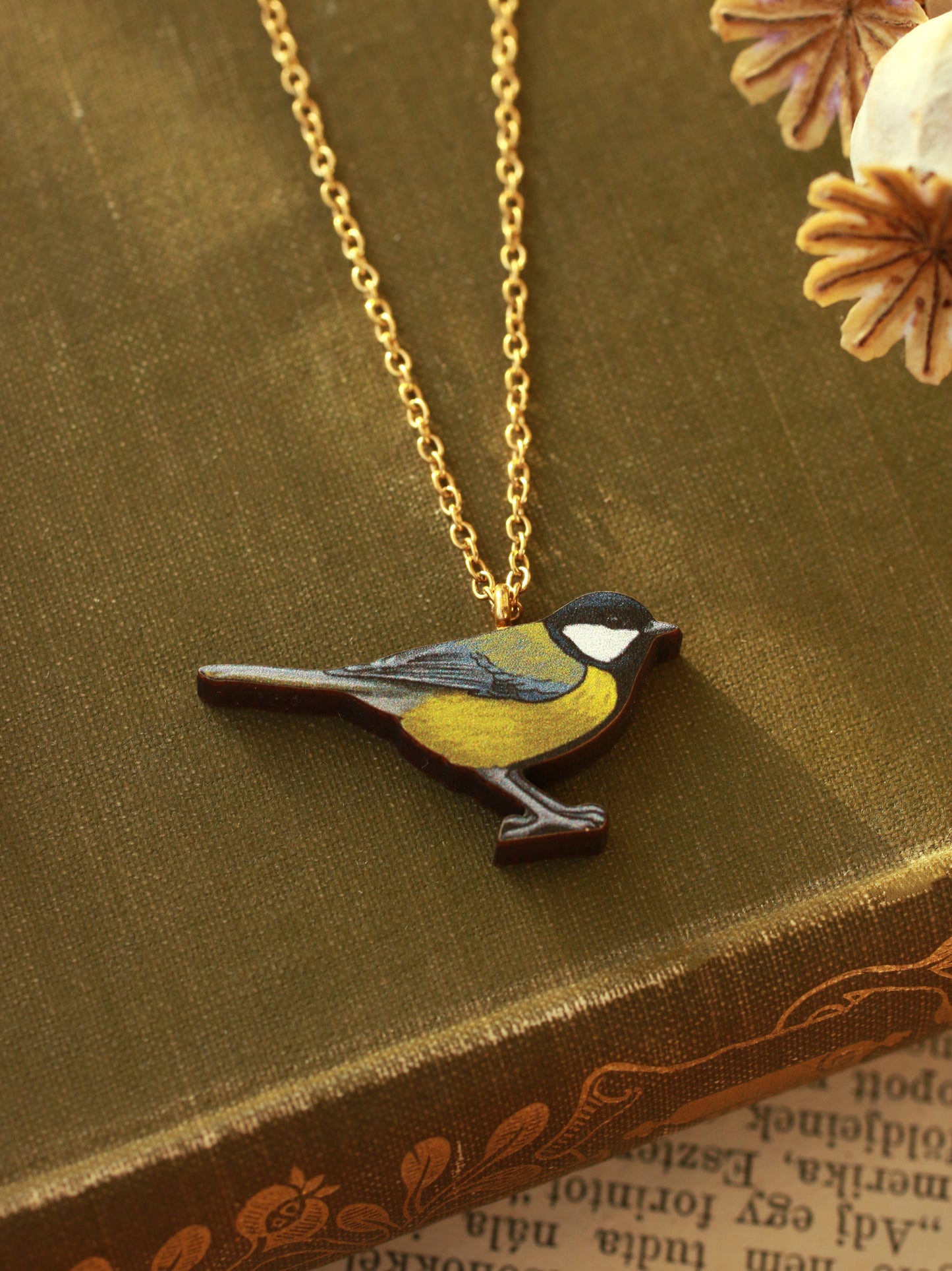 Great tit necklace - wooden bird pendant