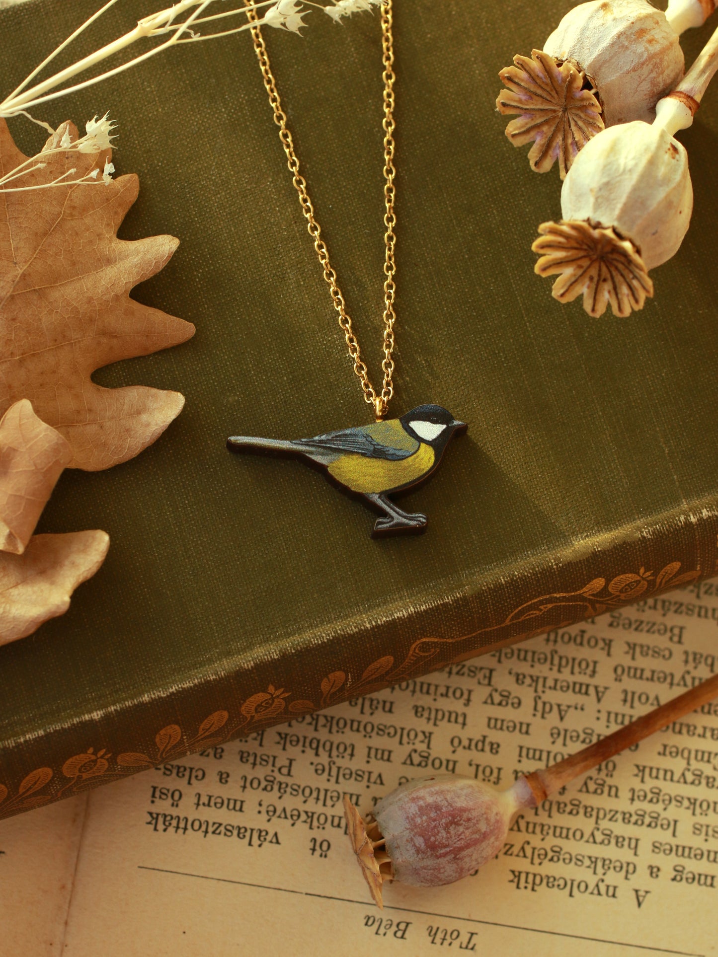 Great tit necklace - wooden bird pendant