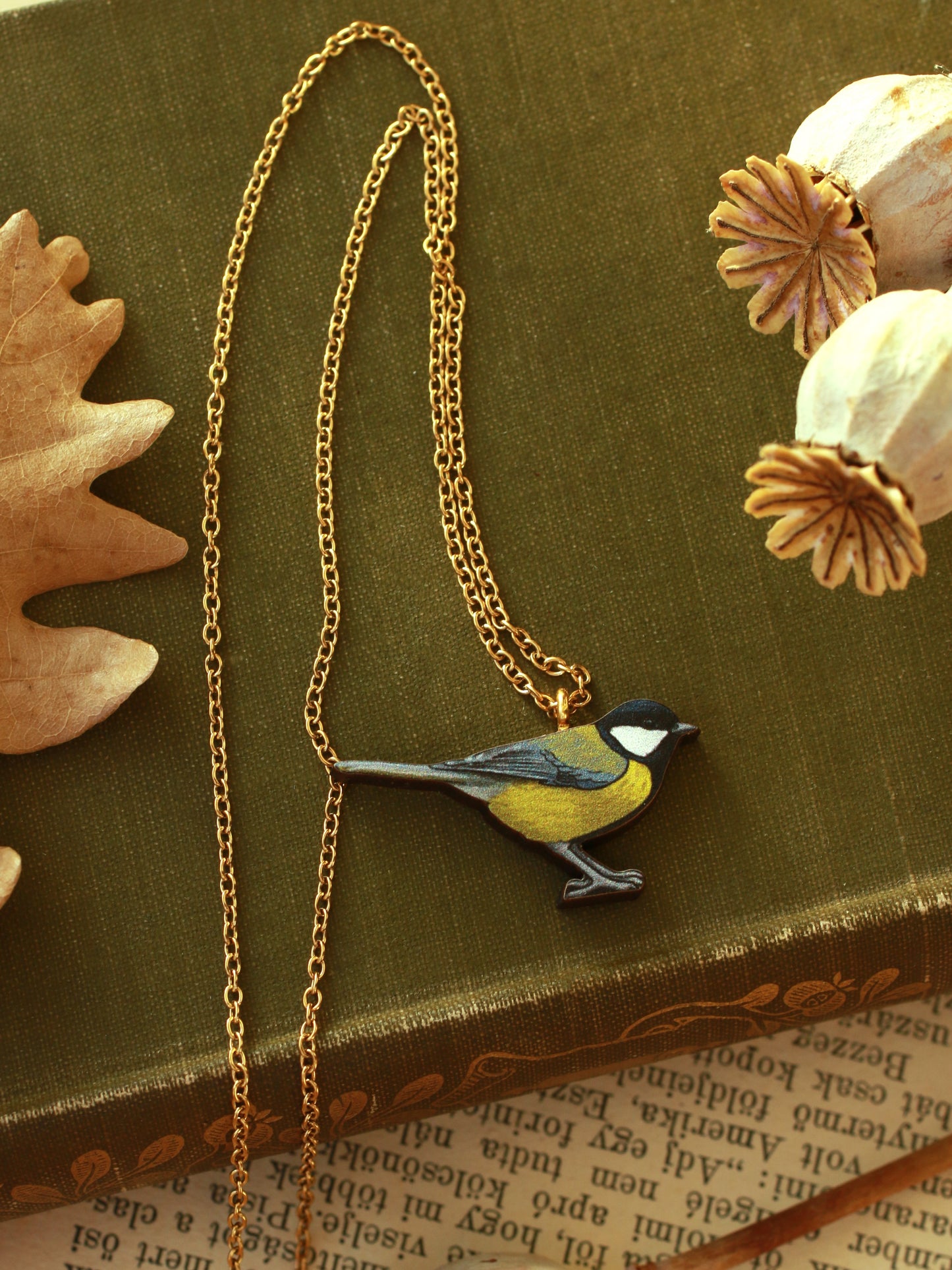 Great tit necklace - wooden bird pendant