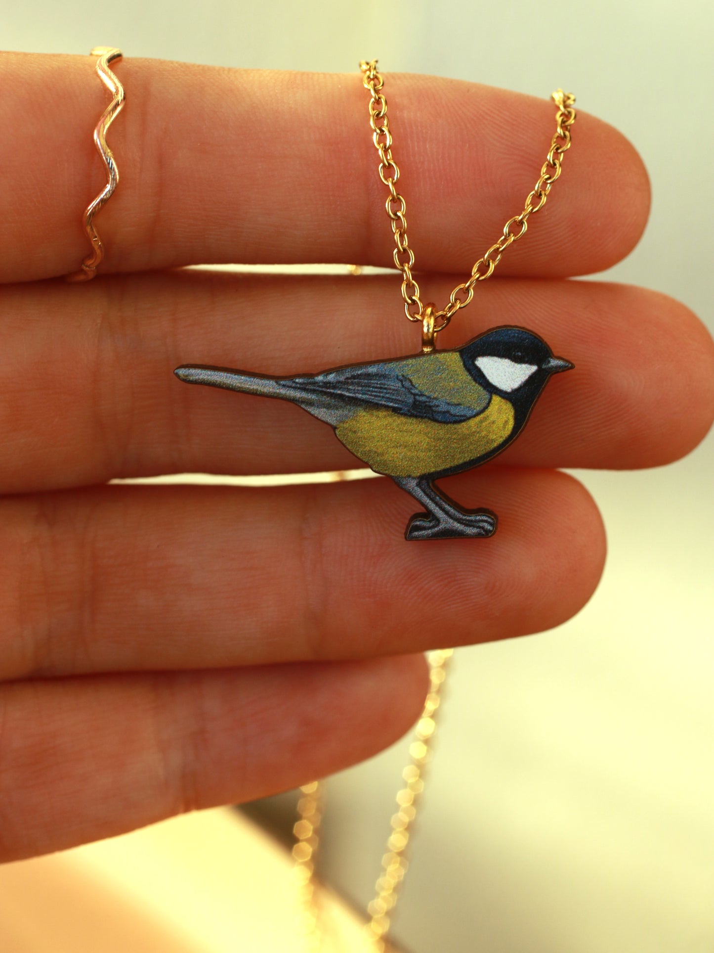 Great tit necklace - wooden bird pendant