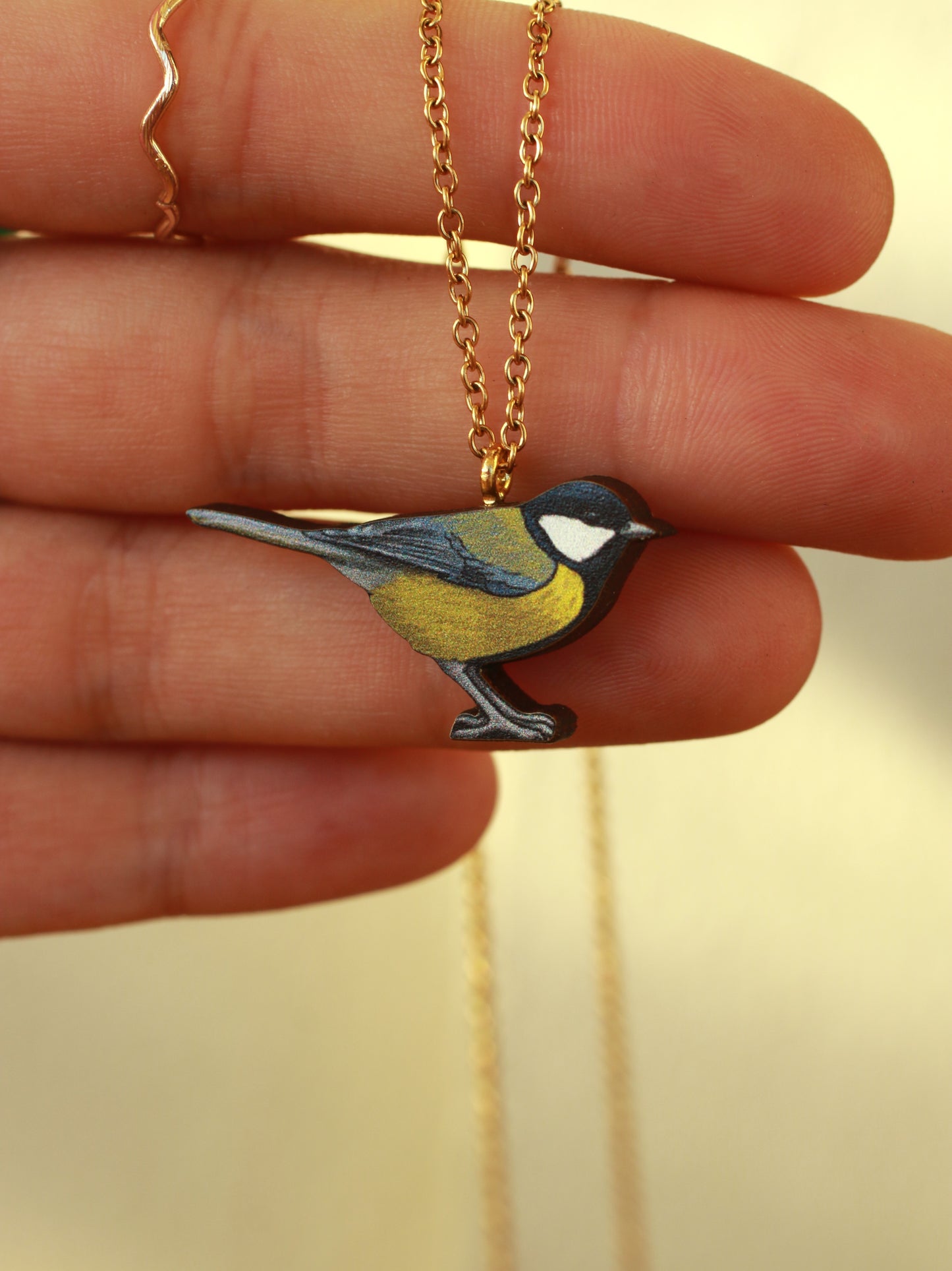 Great tit necklace - wooden bird pendant