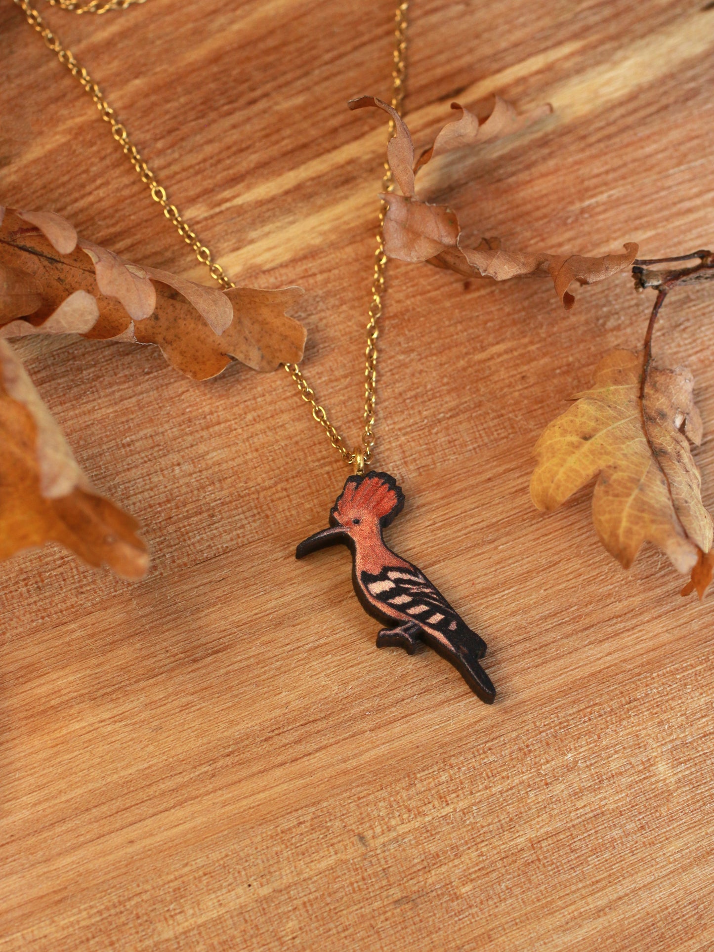 Hoopoe necklace - wooden bird pendant